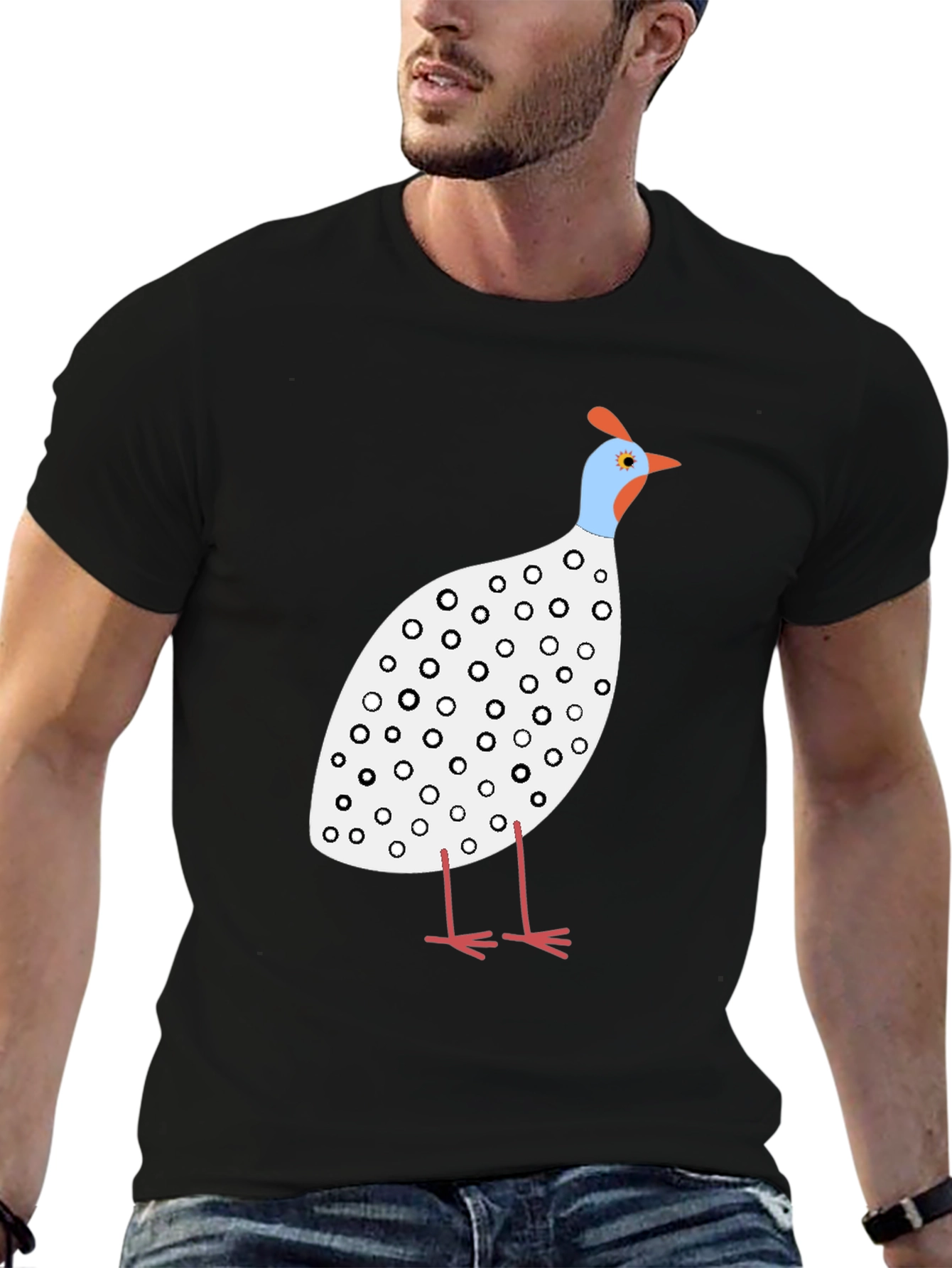 Black Guinea Fowl Graphic Tee - Black Cotton Shirt view 6