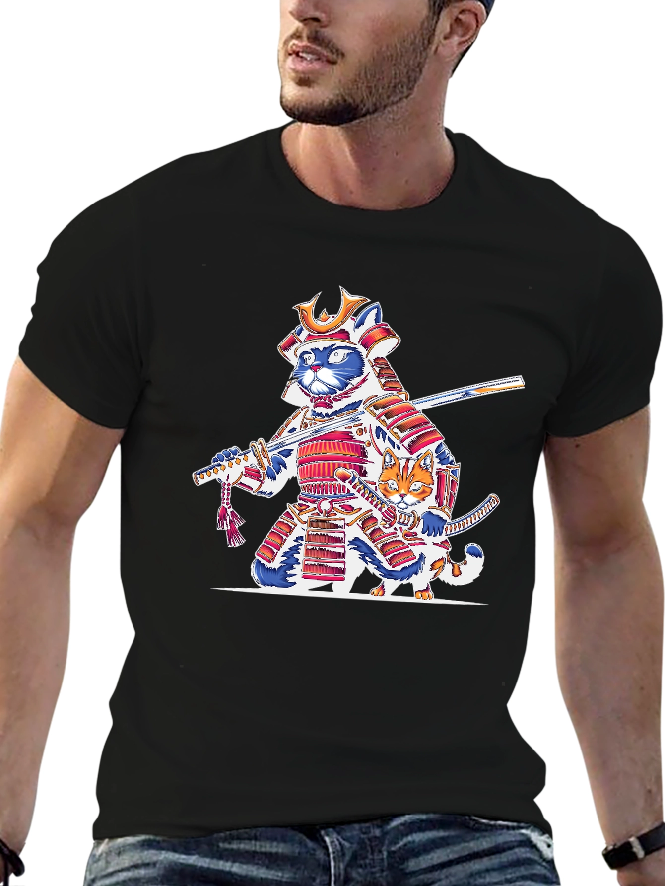 Black Samurai Cat T-Shirt: Feline Warrior Design view 6