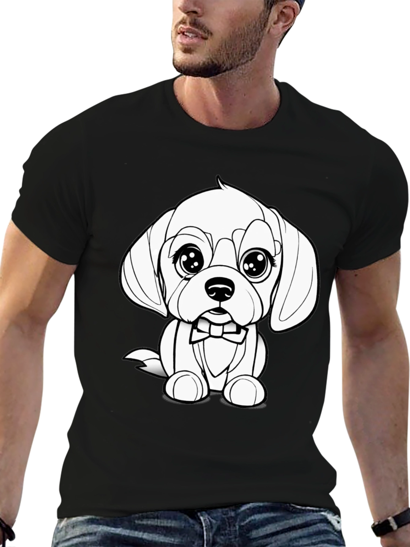 Black Cute Puppy Bowtie Black T-Shirt view 6