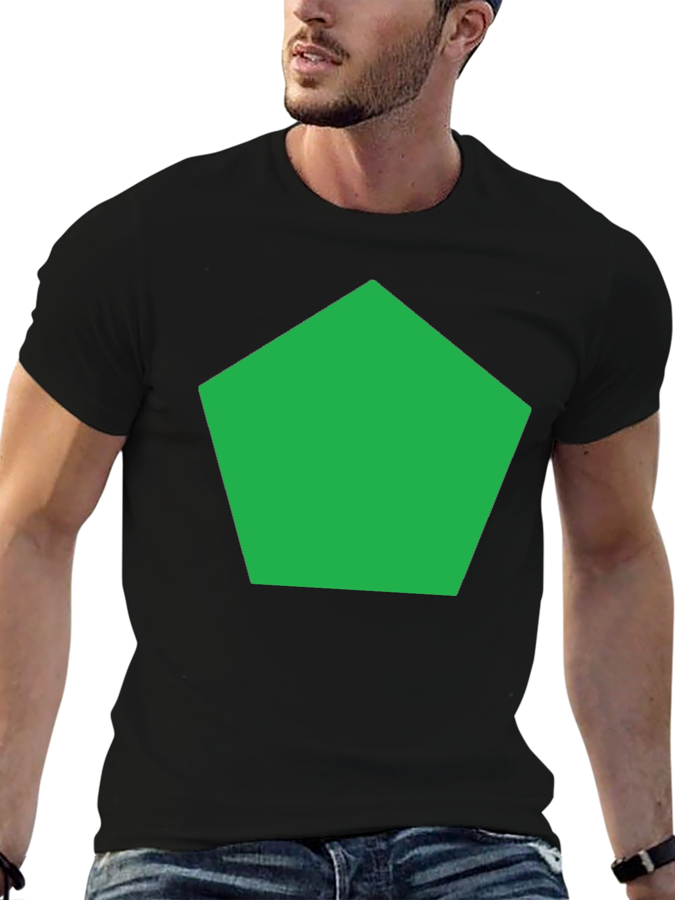 Black Modern Geometric Tee - Green Pentagon Design view 6