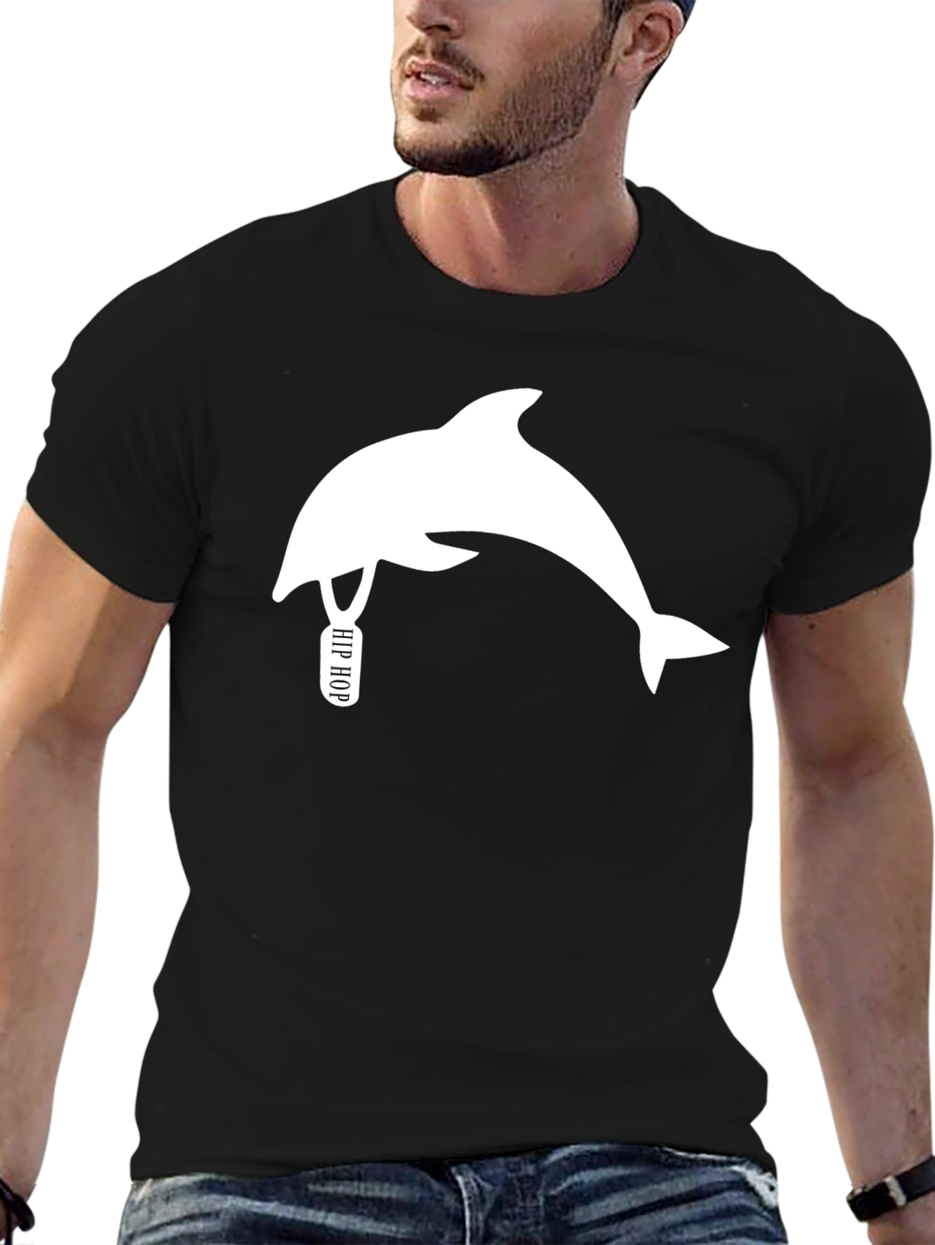 Black Hip Hop Dolphin Black T-Shirt - Unique Graphic Tee view 6