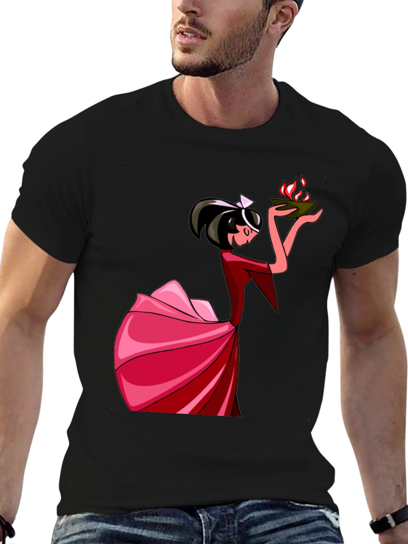 Black Unique Graphic T-Shirt: Lady with Fire view 6