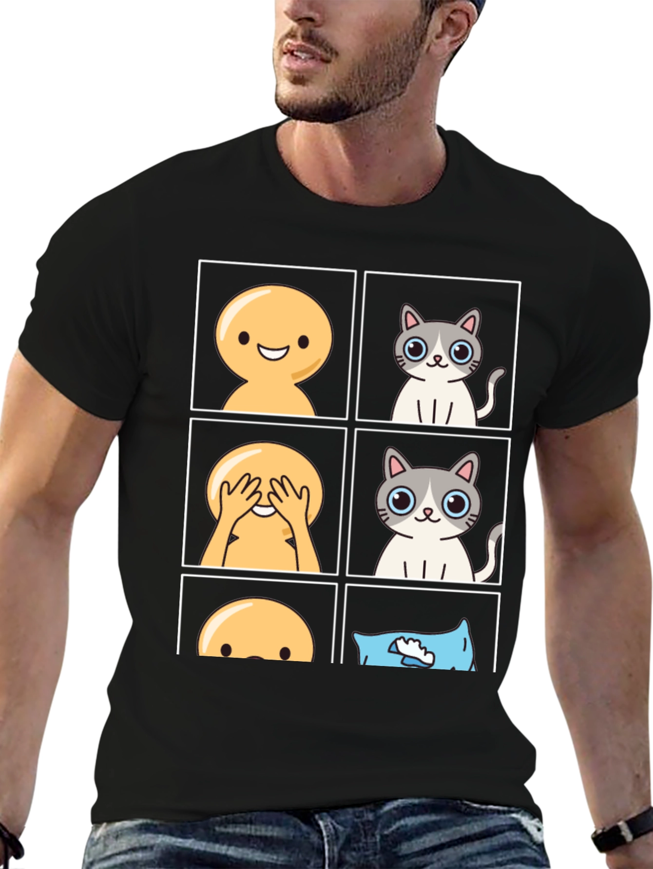 Black Peek-a-Boo Emoji Cat T-Shirt view 6