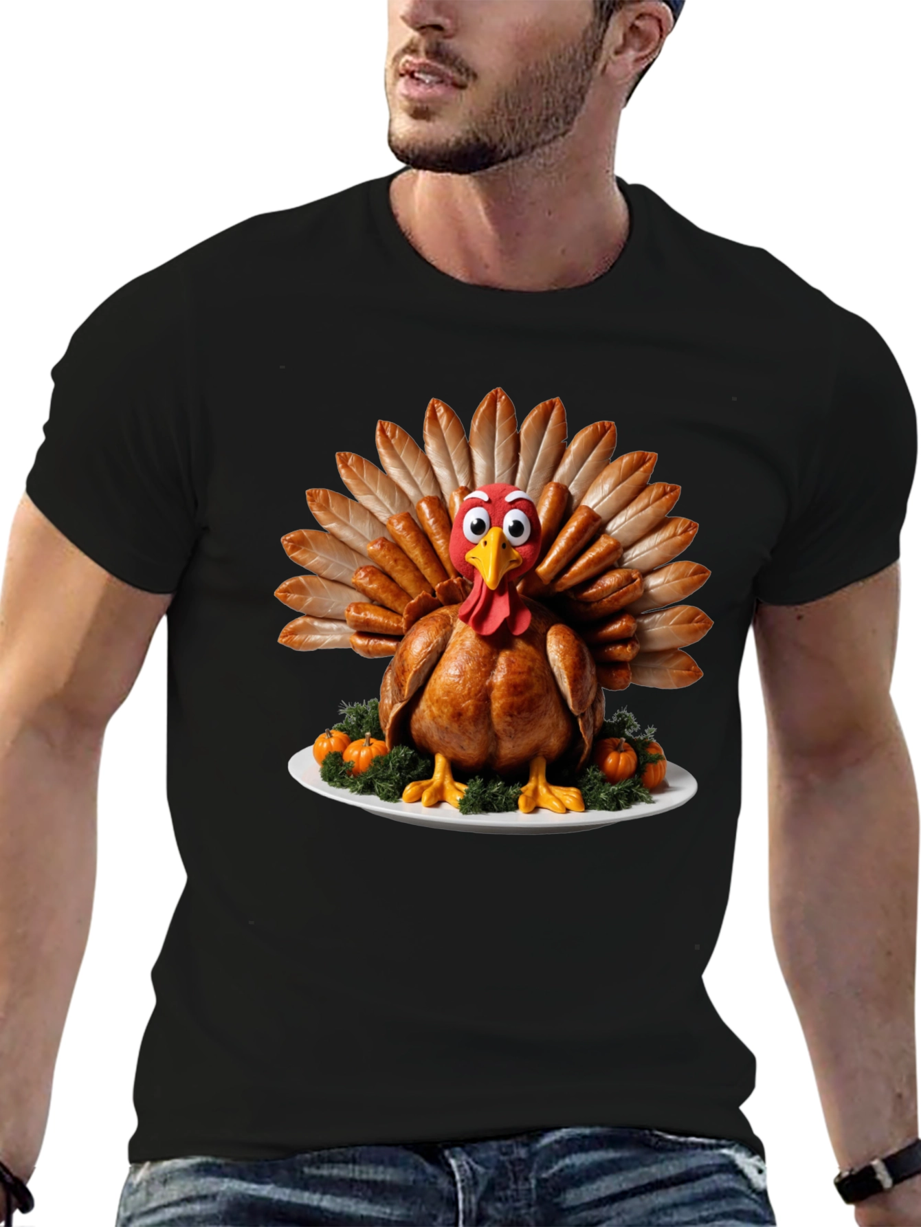 Black Thanksgiving Turkey T-Shirt - Sausage Feather Cartoon Bird view 6