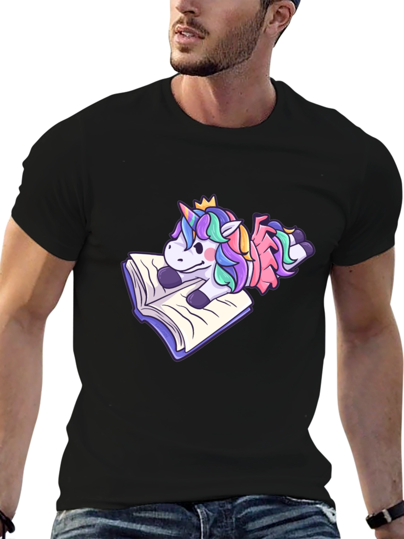 Black Unicorn Reading Book T-Shirt - Cute Cartoon Tee view 6