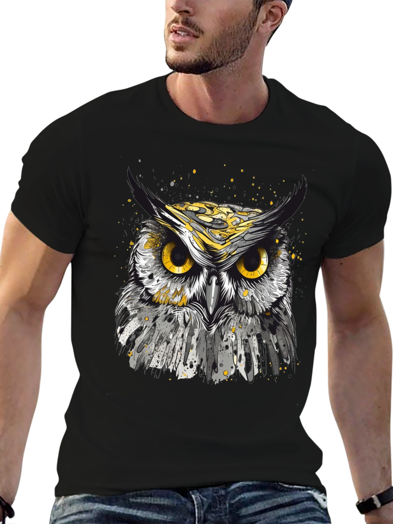 Black Owl Graphic T-Shirt - Black Cotton Tee for Men view 6