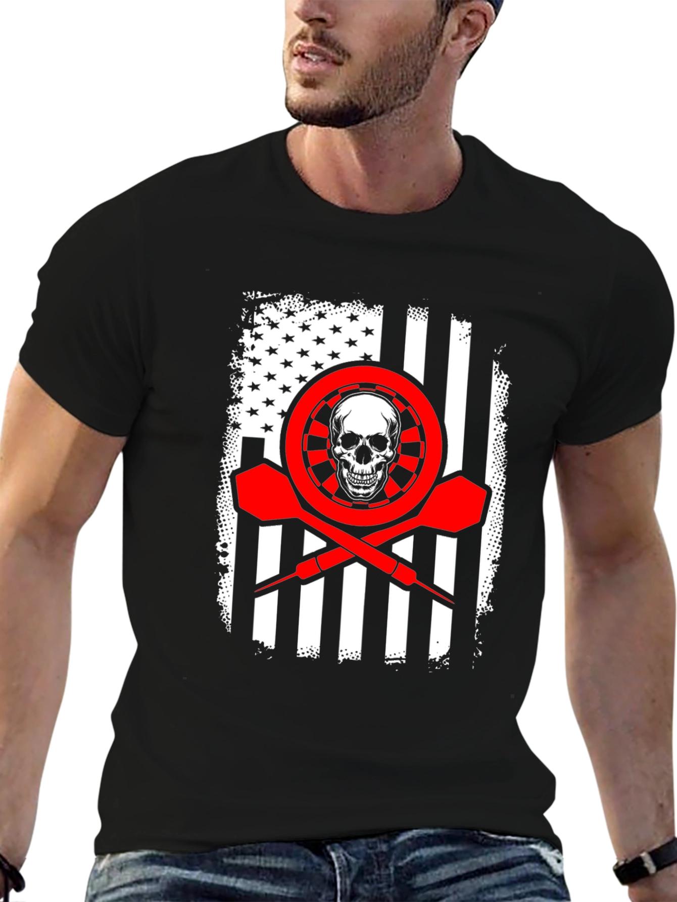 Black Darts Skull Flag T-Shirt - Patriotic Dart Player Tee view 6