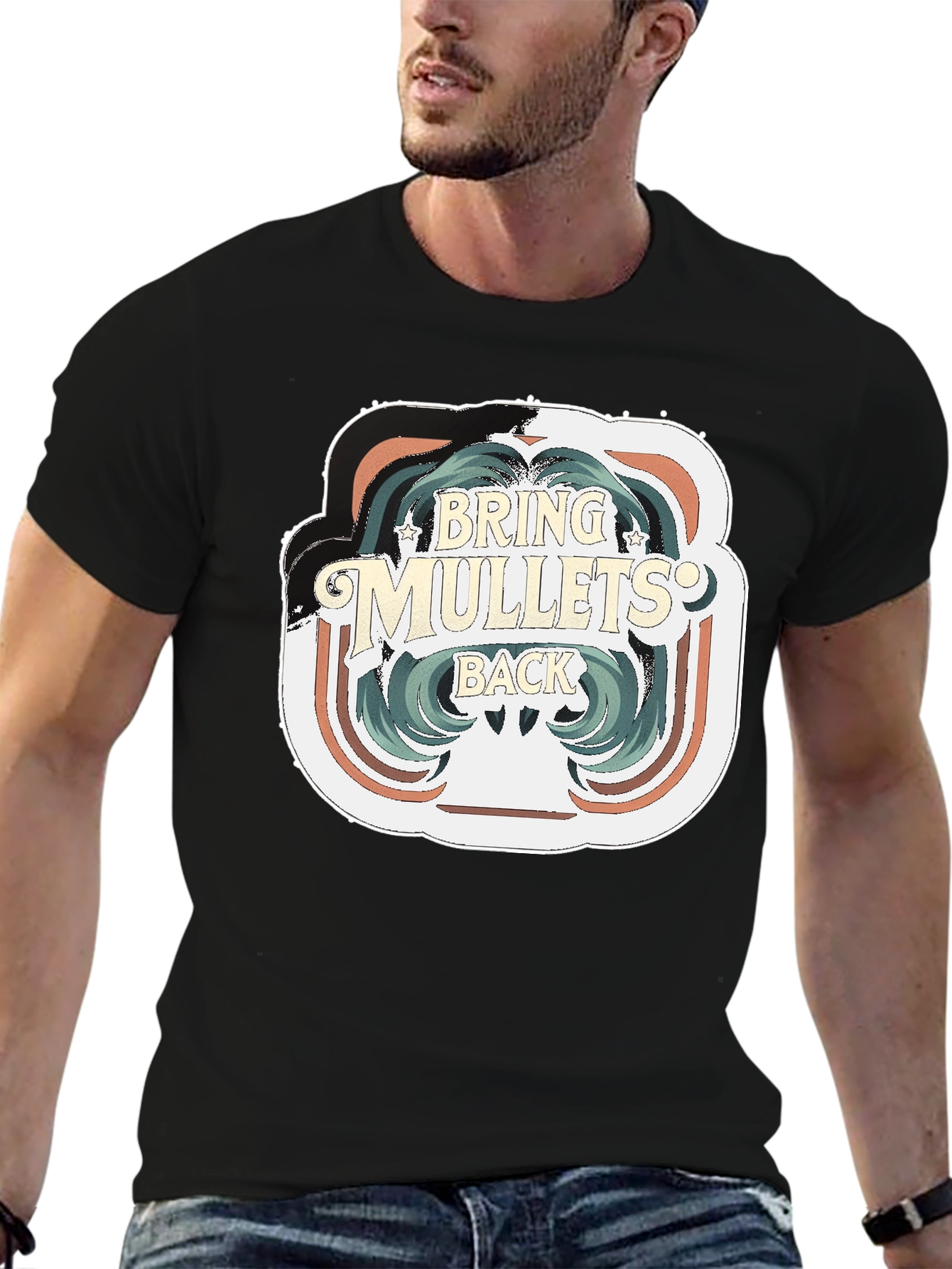 Black Bring Mullets Back T-Shirt - Retro Hair Style Tee view 6