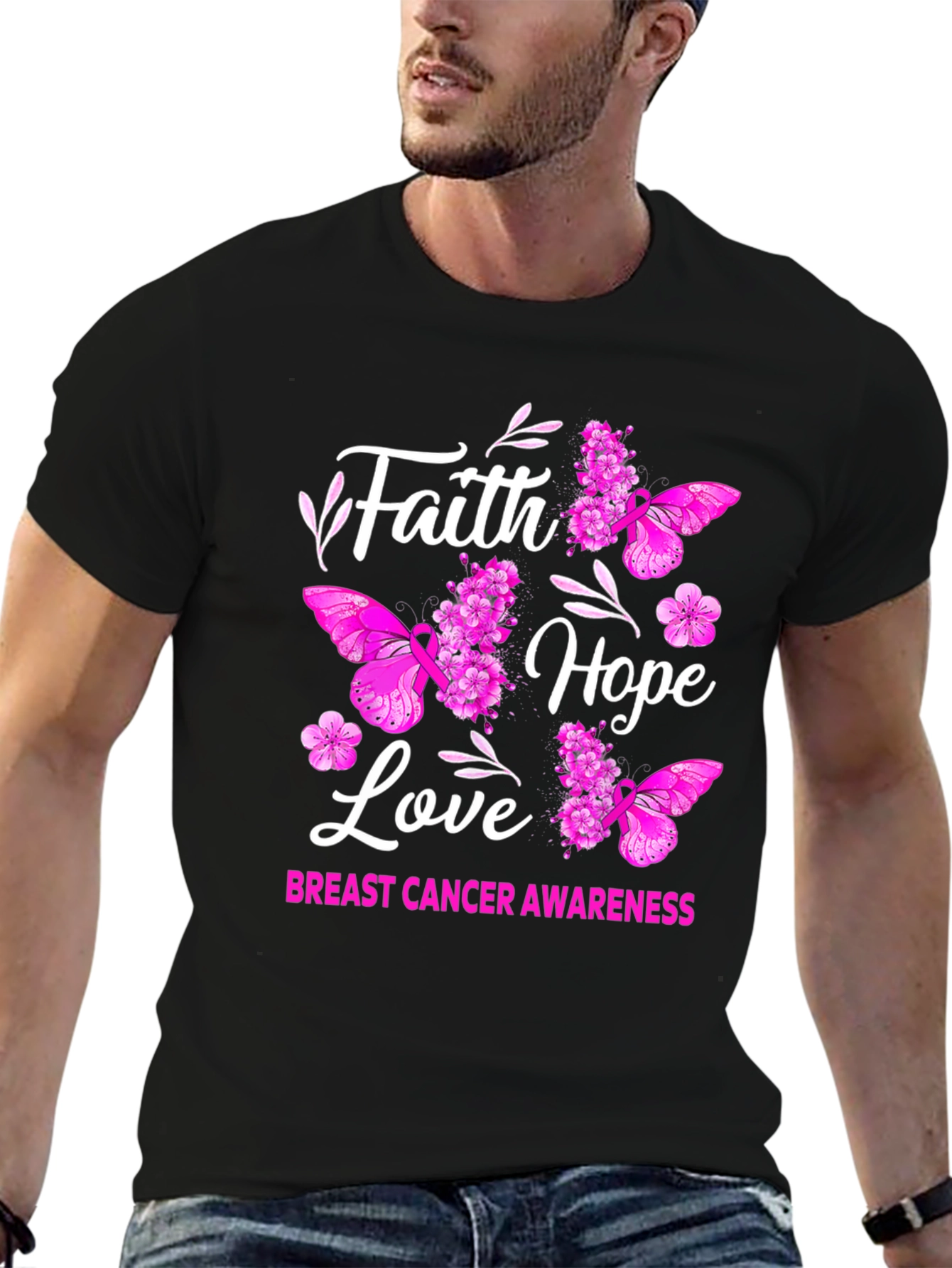 Black Faith Hope Love Breast Cancer Awareness Graphic Tee view 6
