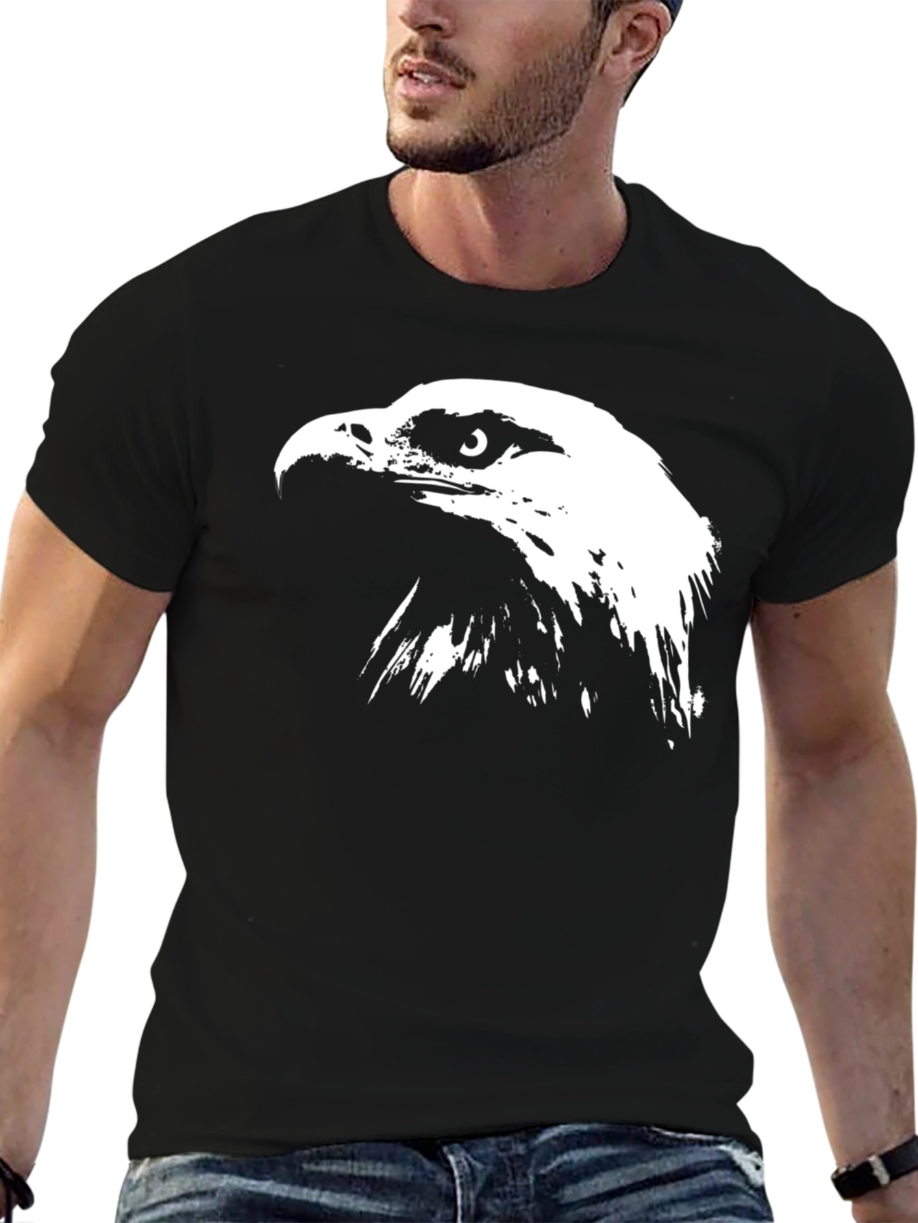 Black Black T-Shirt with Bold Eagle Graphic Print view 6