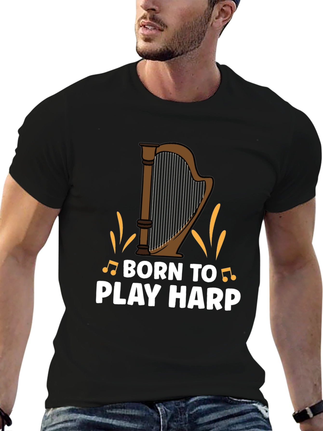 Black Born to Play Harp Graphic Tee - Musician's Shirt view 6