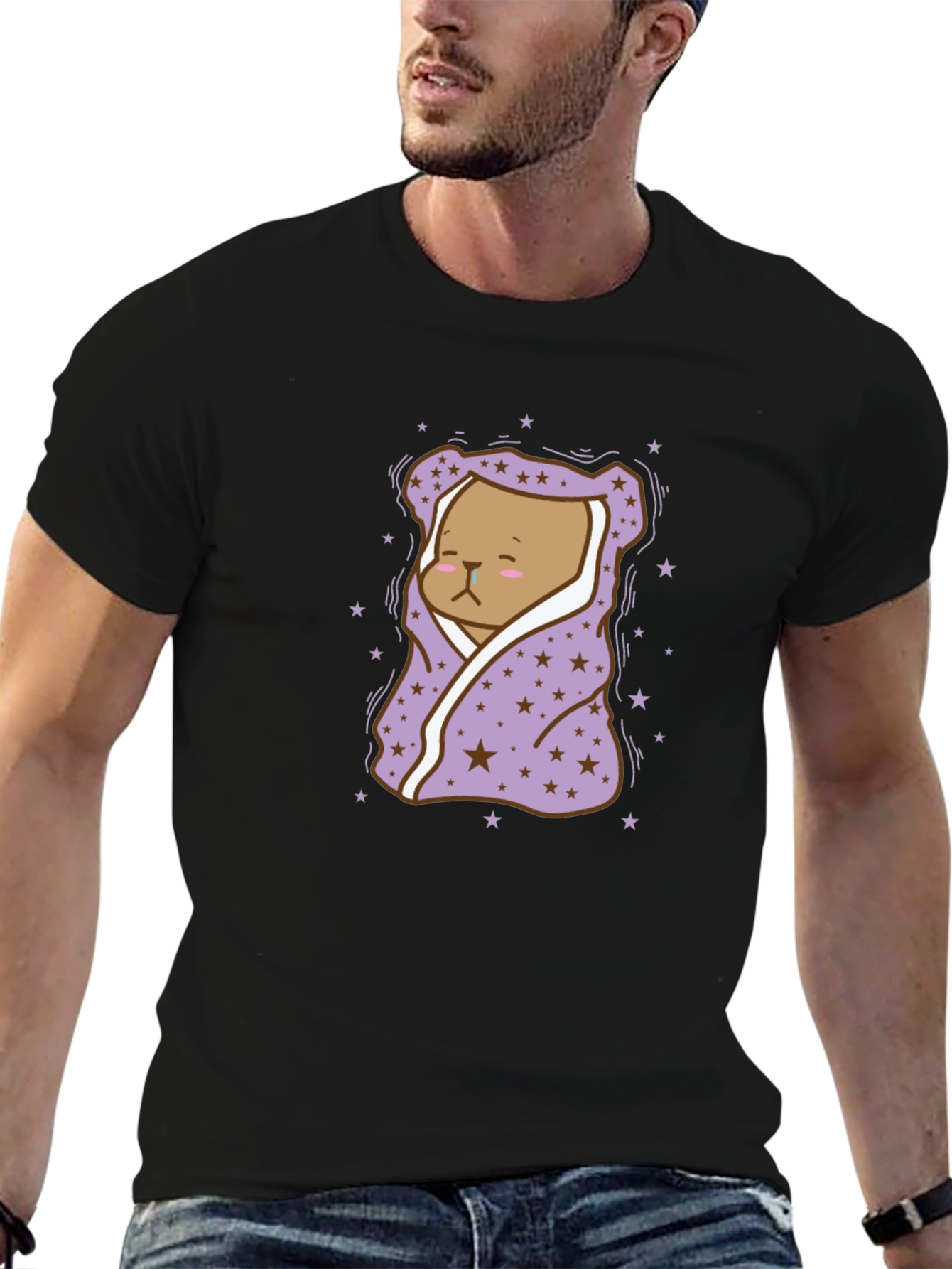 Black Cute Bear in Blanket T-Shirt view 6