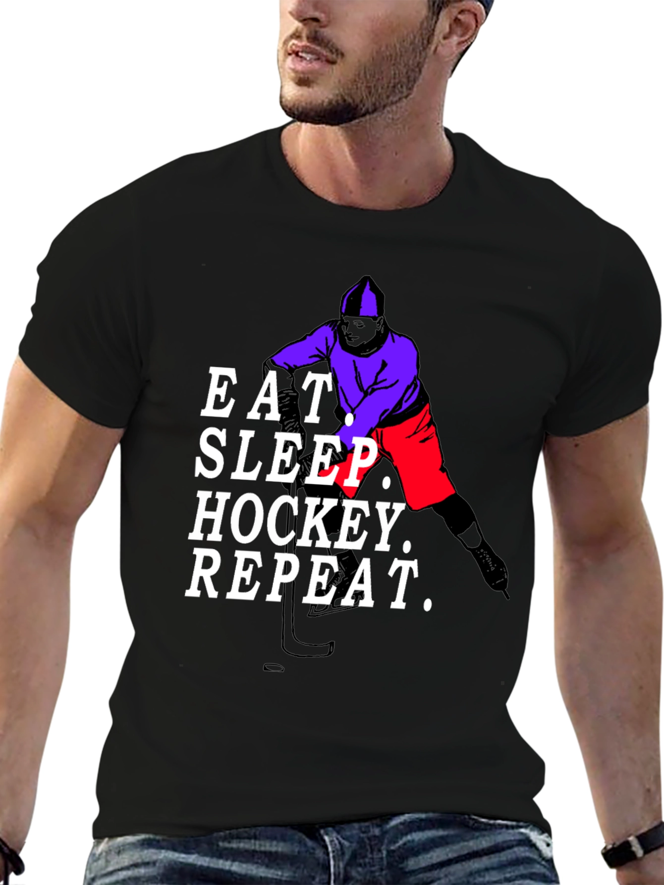 Black Eat Sleep Hockey Repeat Black T-Shirt view 6