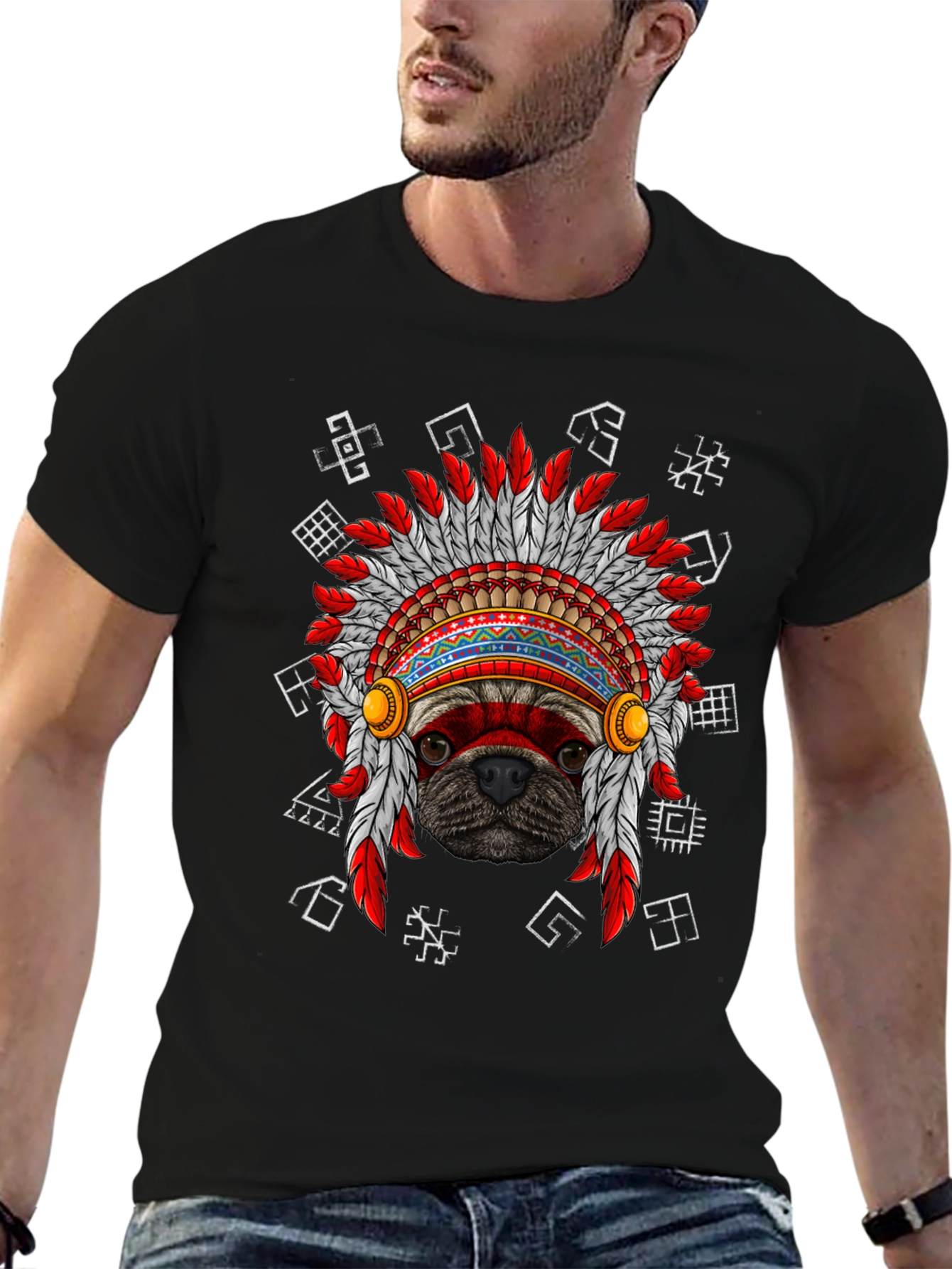 Black Pug Indian Chief Headdress Graphic T-Shirt view 6