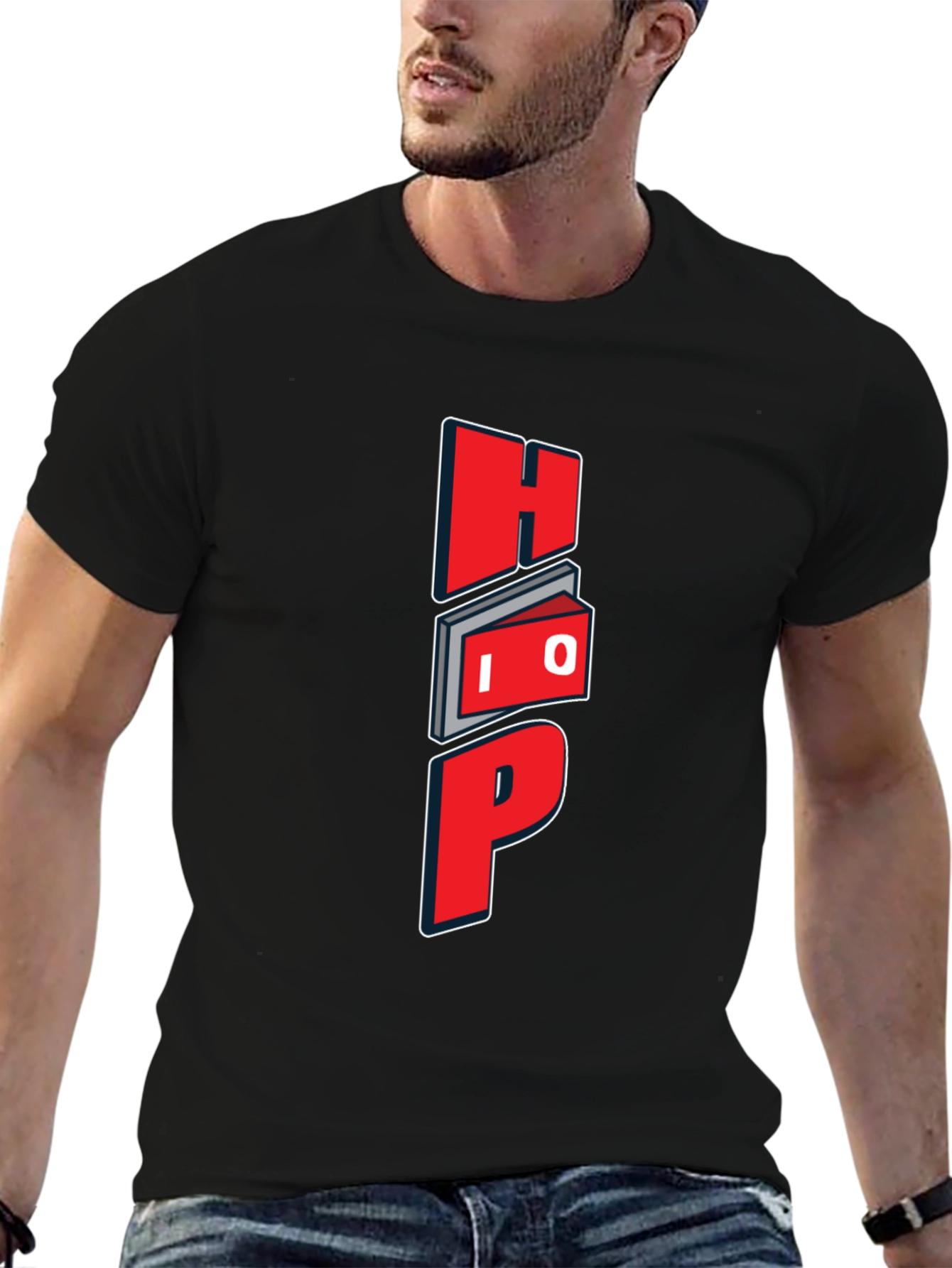 Black Unique Graphic Black T-Shirt - Red "HOP" Design view 6