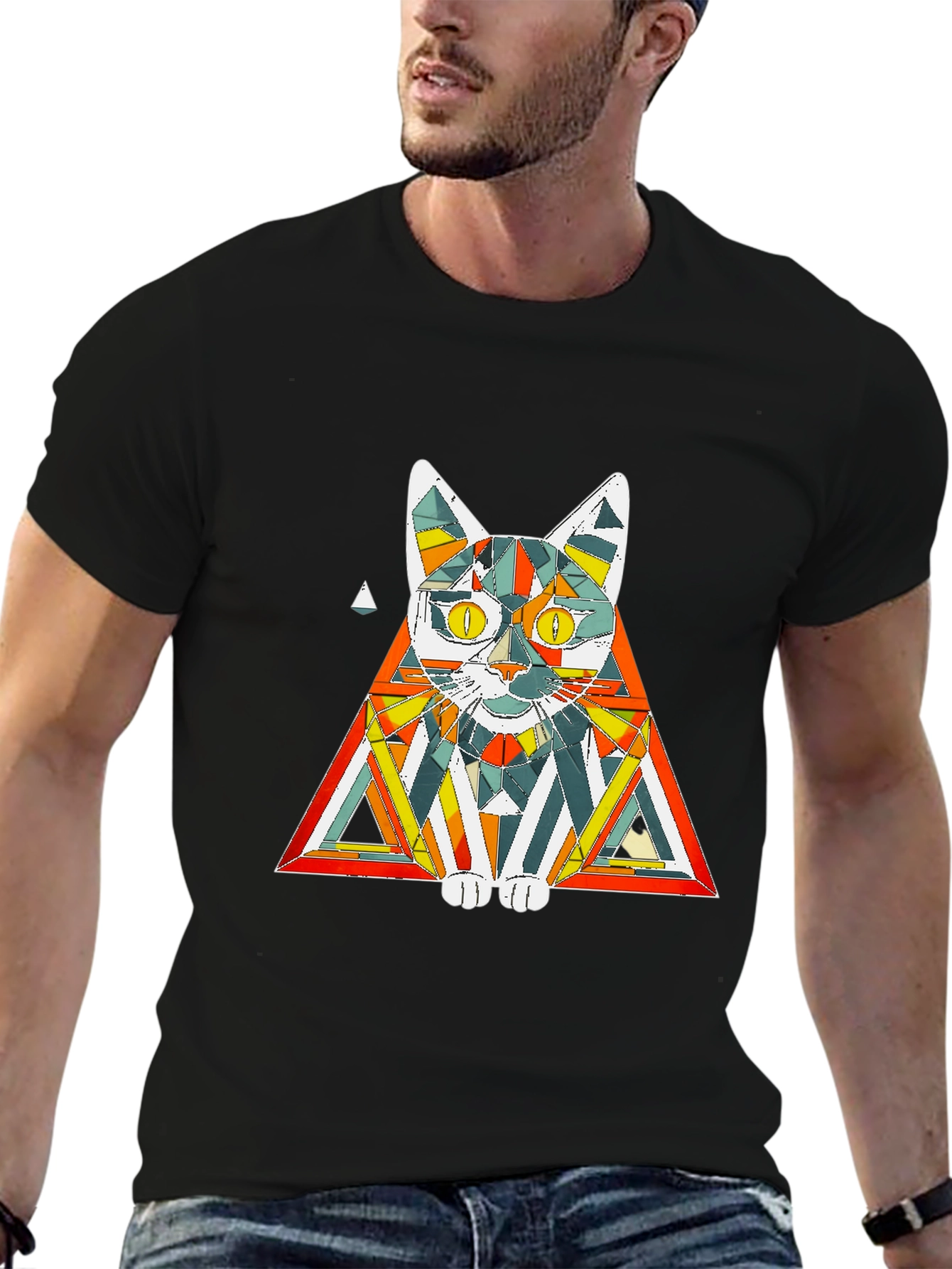 Black Geometric Cat T-Shirt: Colorful & Modern view 6