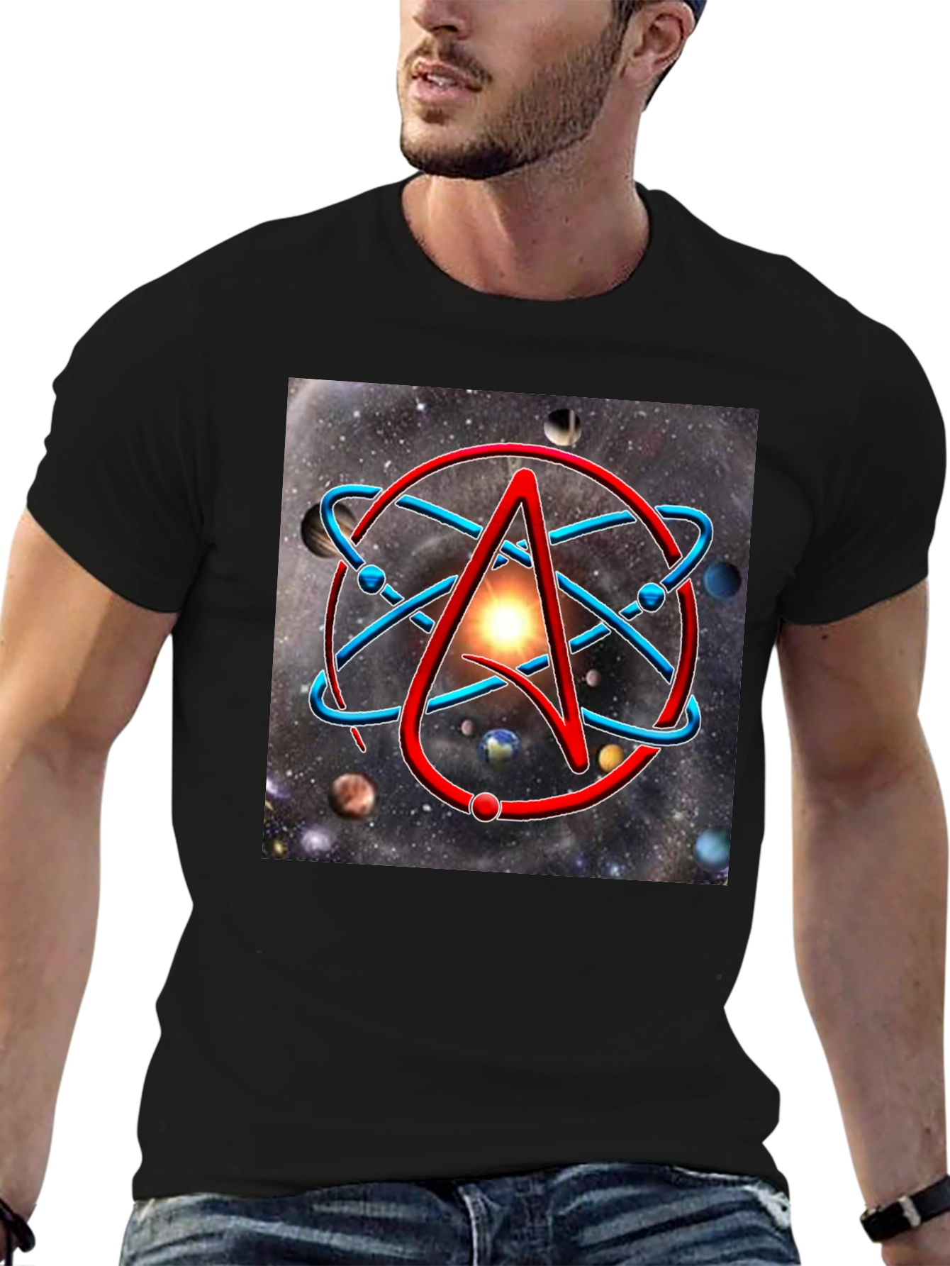 Black Atheist Symbol Graphic Tee - Space Background view 6