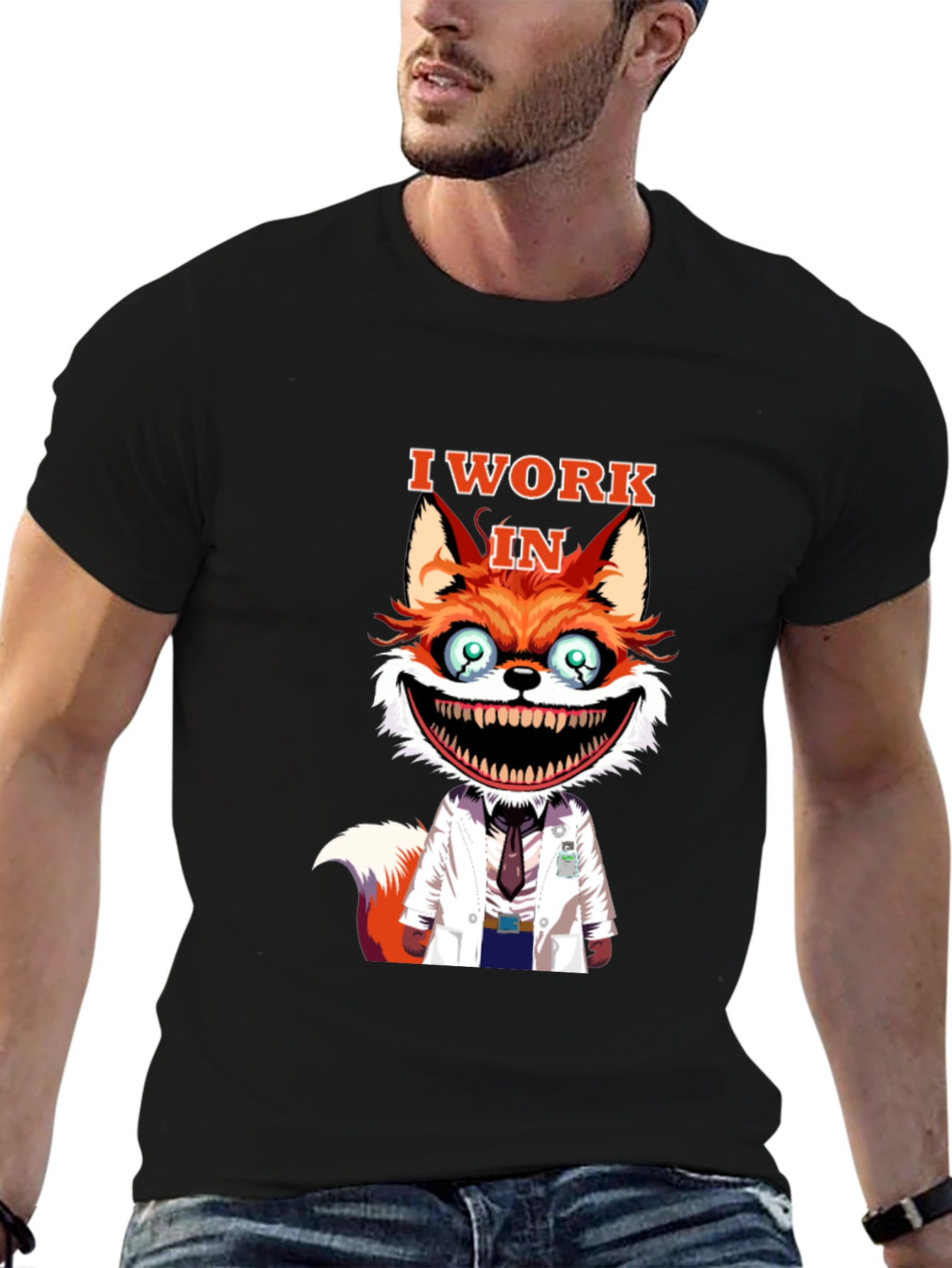 Black I Work in Crazy Fox Scientist Graphic Tee view 6