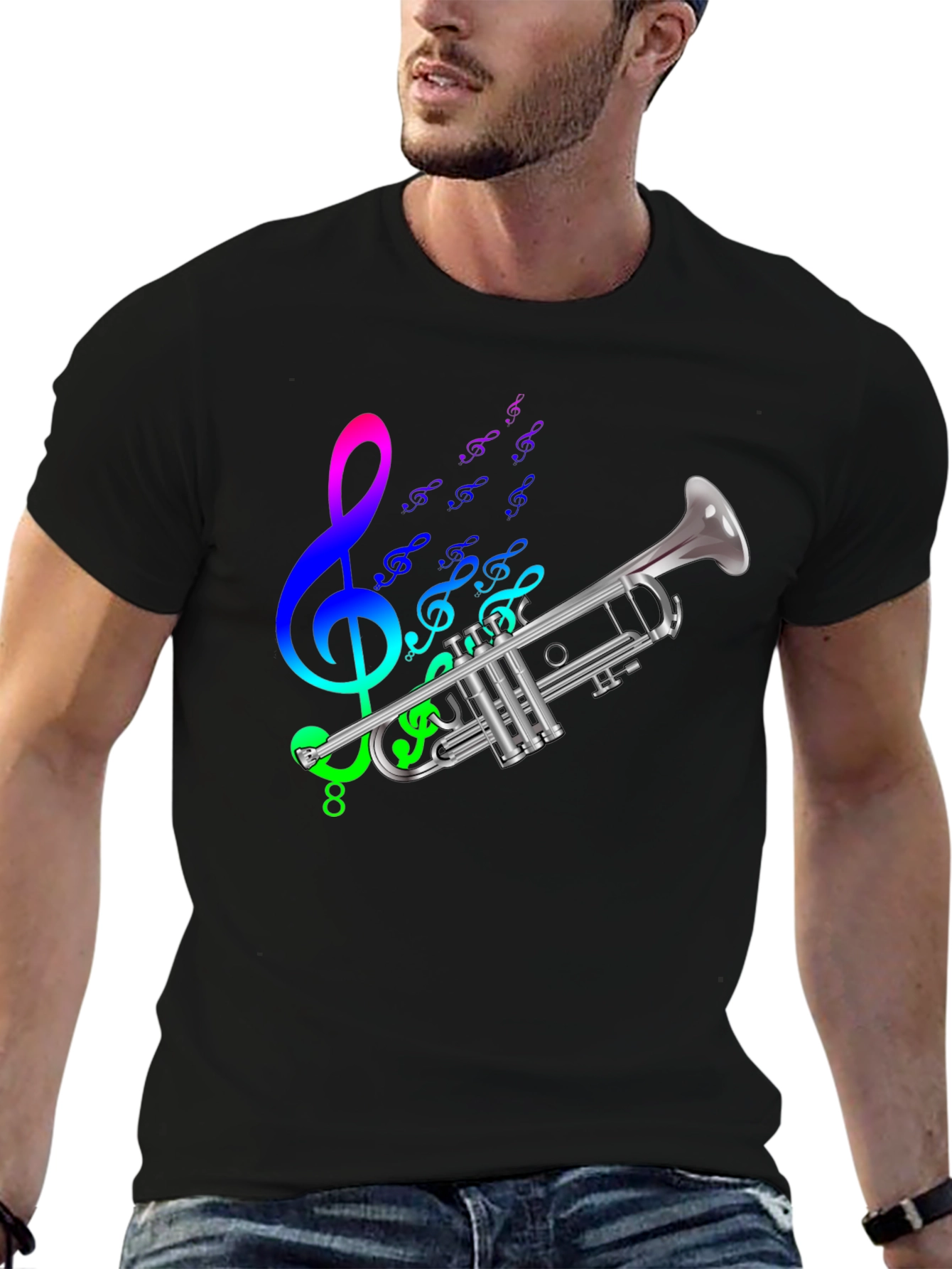 Black Musical Trumpet Graphic Tee - Black Cotton T-Shirt view 6