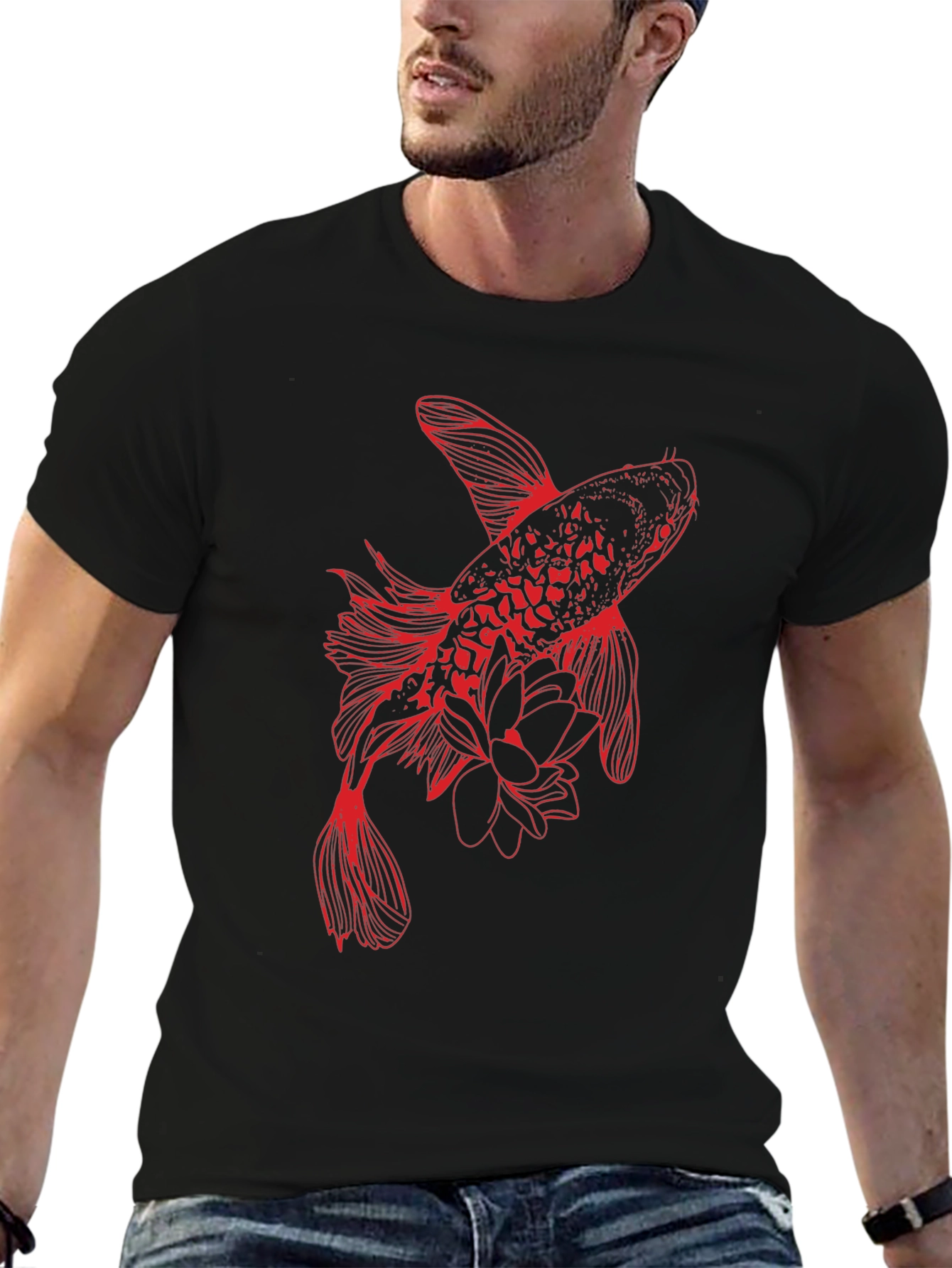Black Red Koi Fish Graphic Tee - Stylish Black T-Shirt view 6