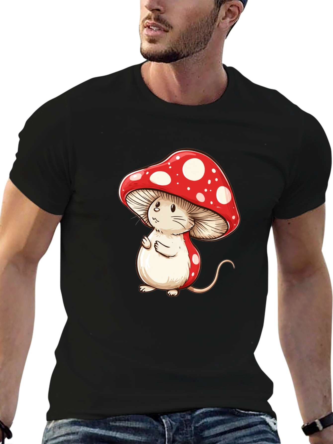Black Mushroom Mouse T-Shirt - Fun Cartoon Graphic Tee view 6