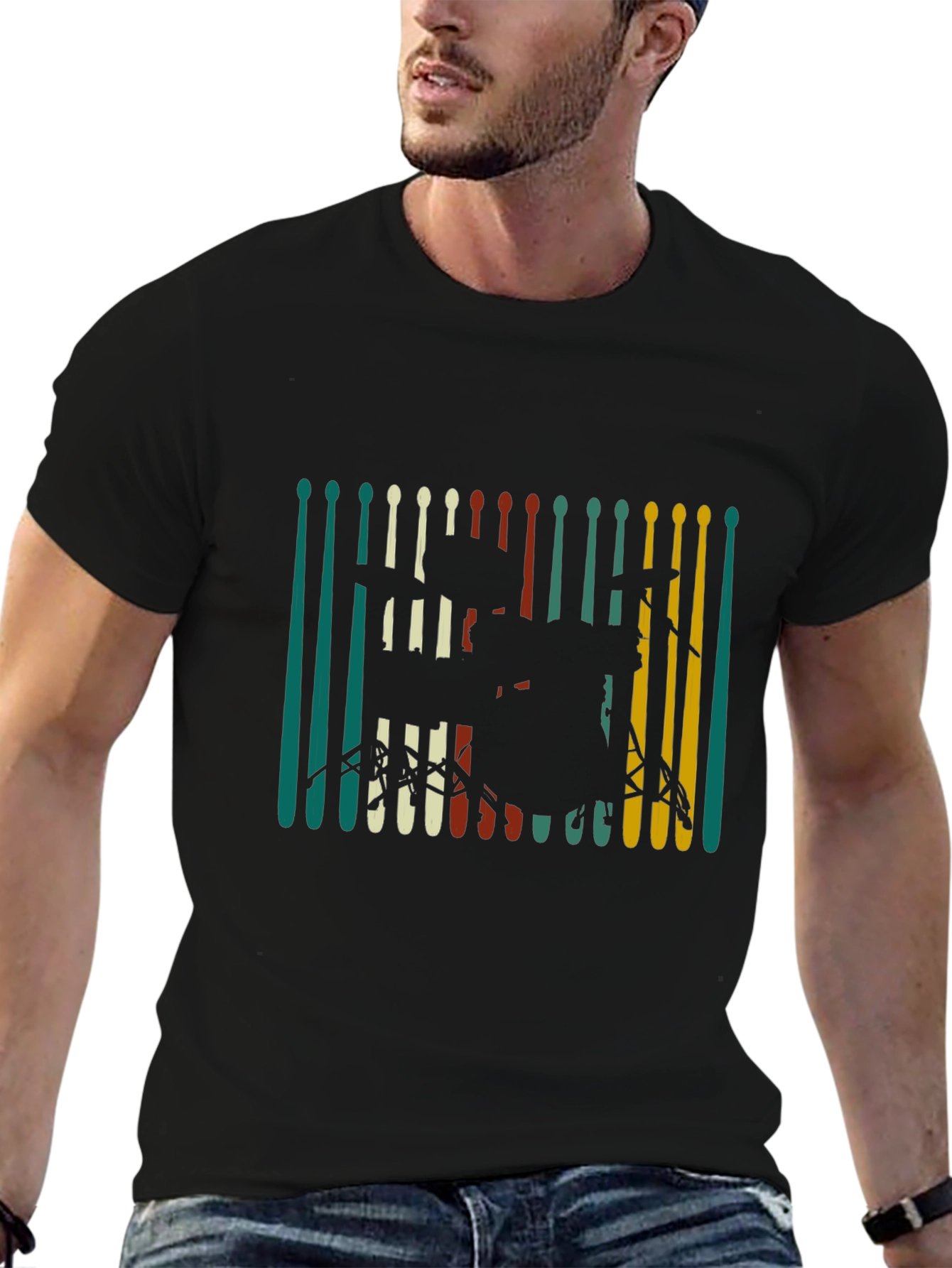Black Drum Set Graphic Tee - Retro Musician T-Shirt view 6