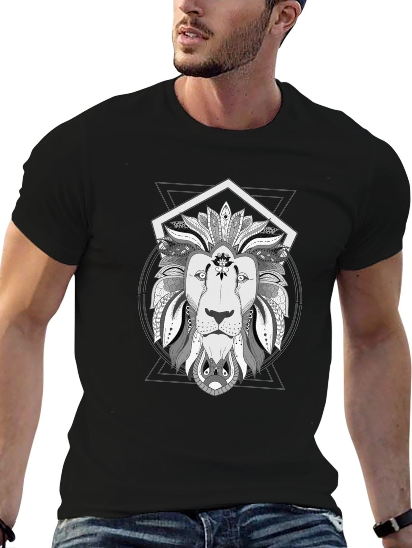 Black Geometric Lion Graphic Tee - Stylish Black T-Shirt view 6