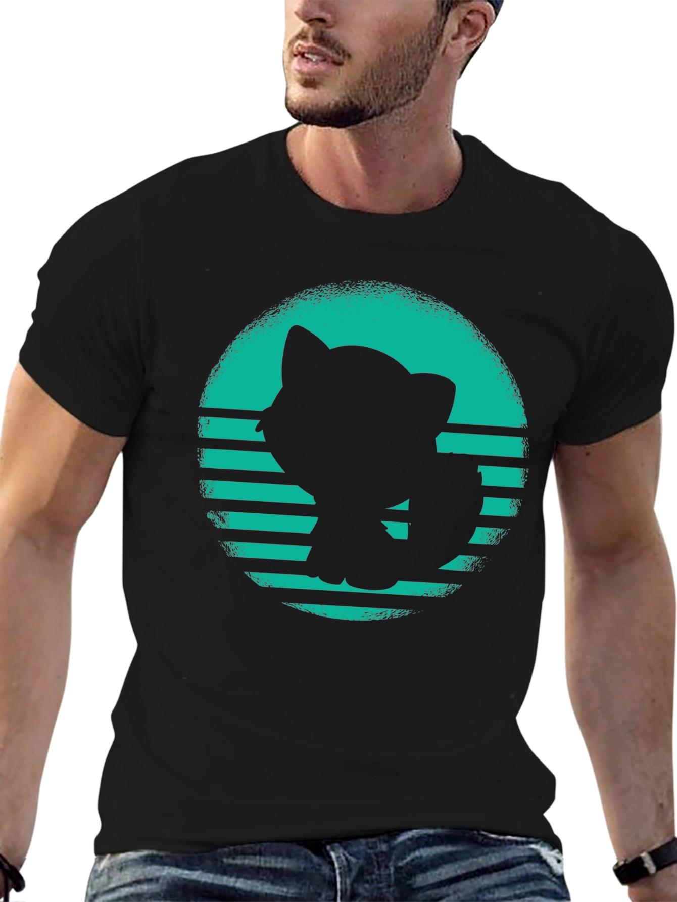 Black Retro Cat Silhouette Graphic T-Shirt view 6