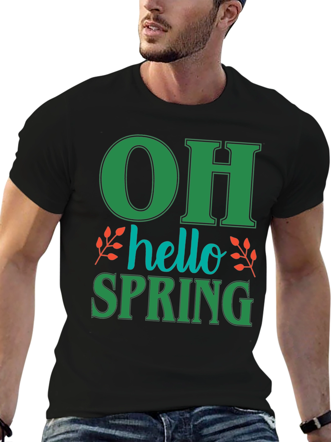 Black Oh Hello Spring T-Shirt - Green Graphic Tee view 6