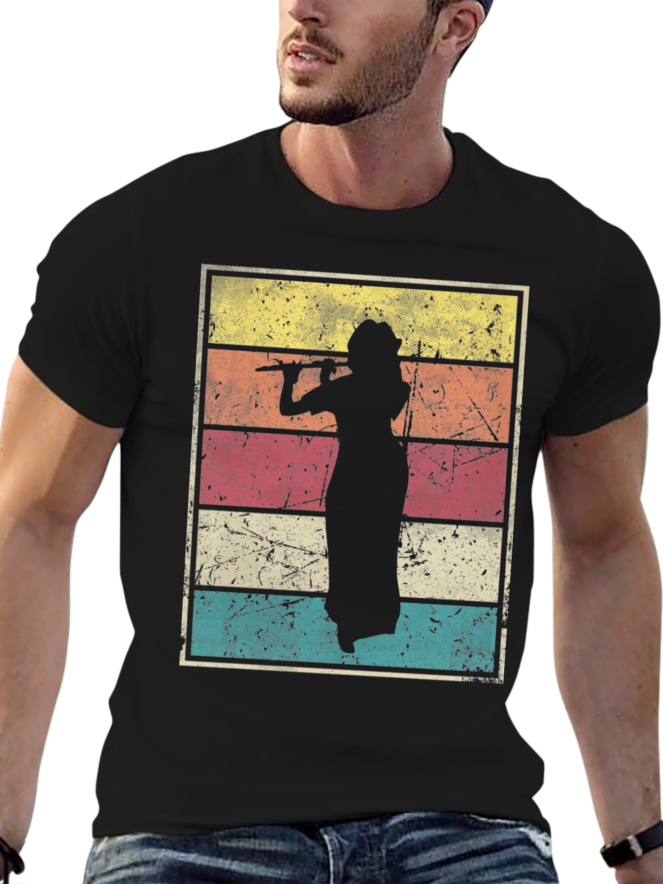 Black Retro Flute Player T-Shirt  view 6
