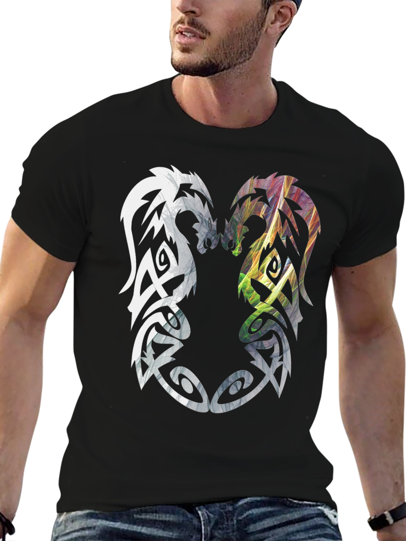 Black Yin Yang Dragon T-Shirt - Men's Black Graphic Tee view 6