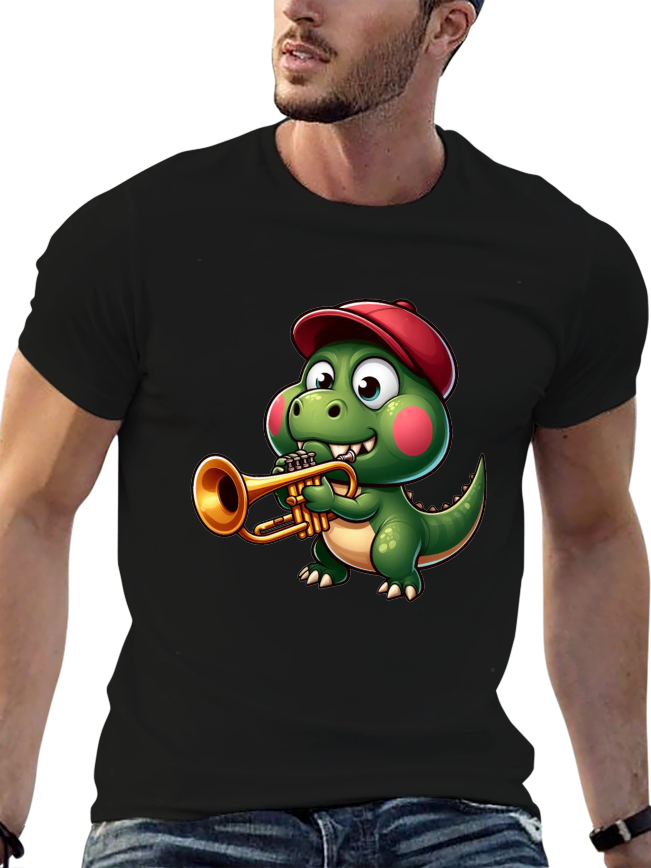 Black Trumpet Dinosaur T-Shirt - Cartoon Music Tee view 6