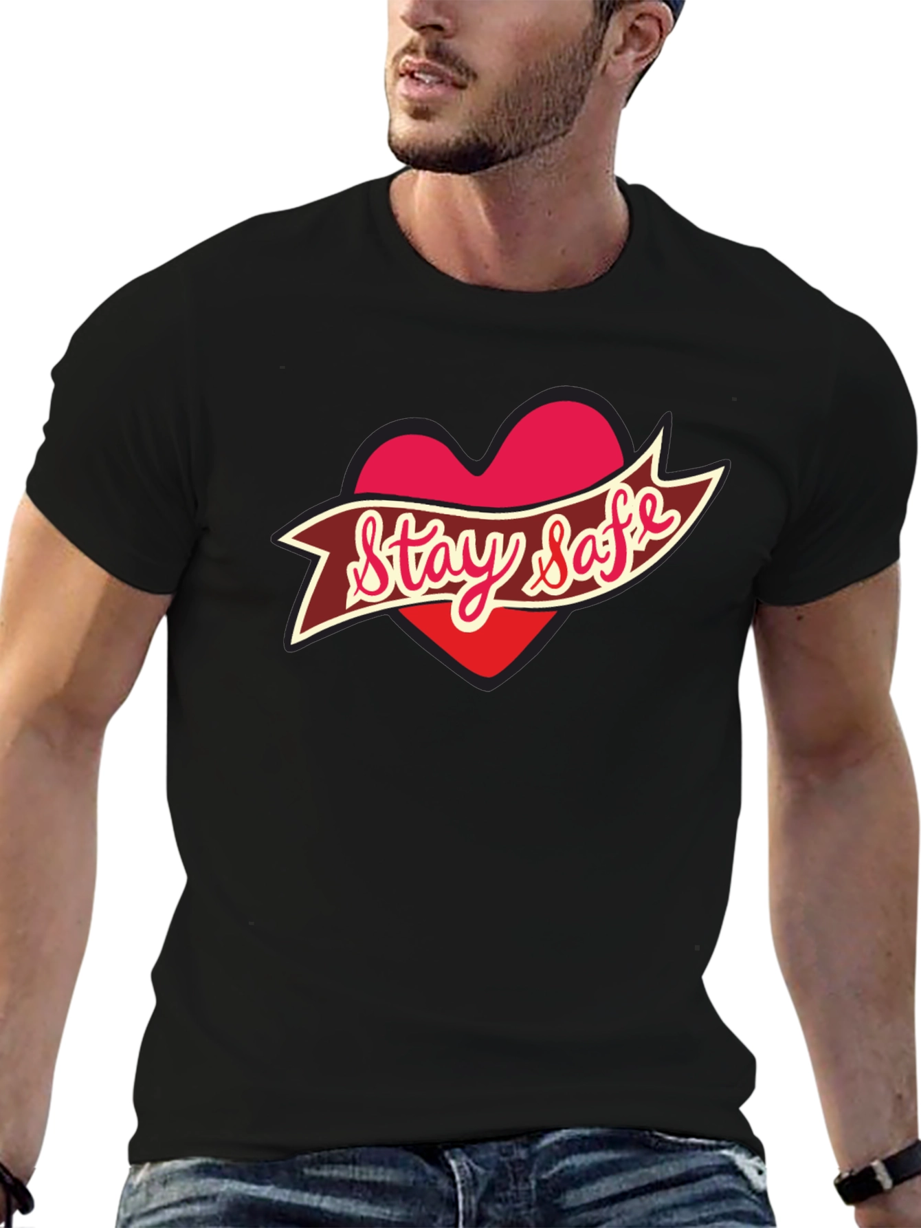 Black Stay Safe Heart T-Shirt - Black view 6