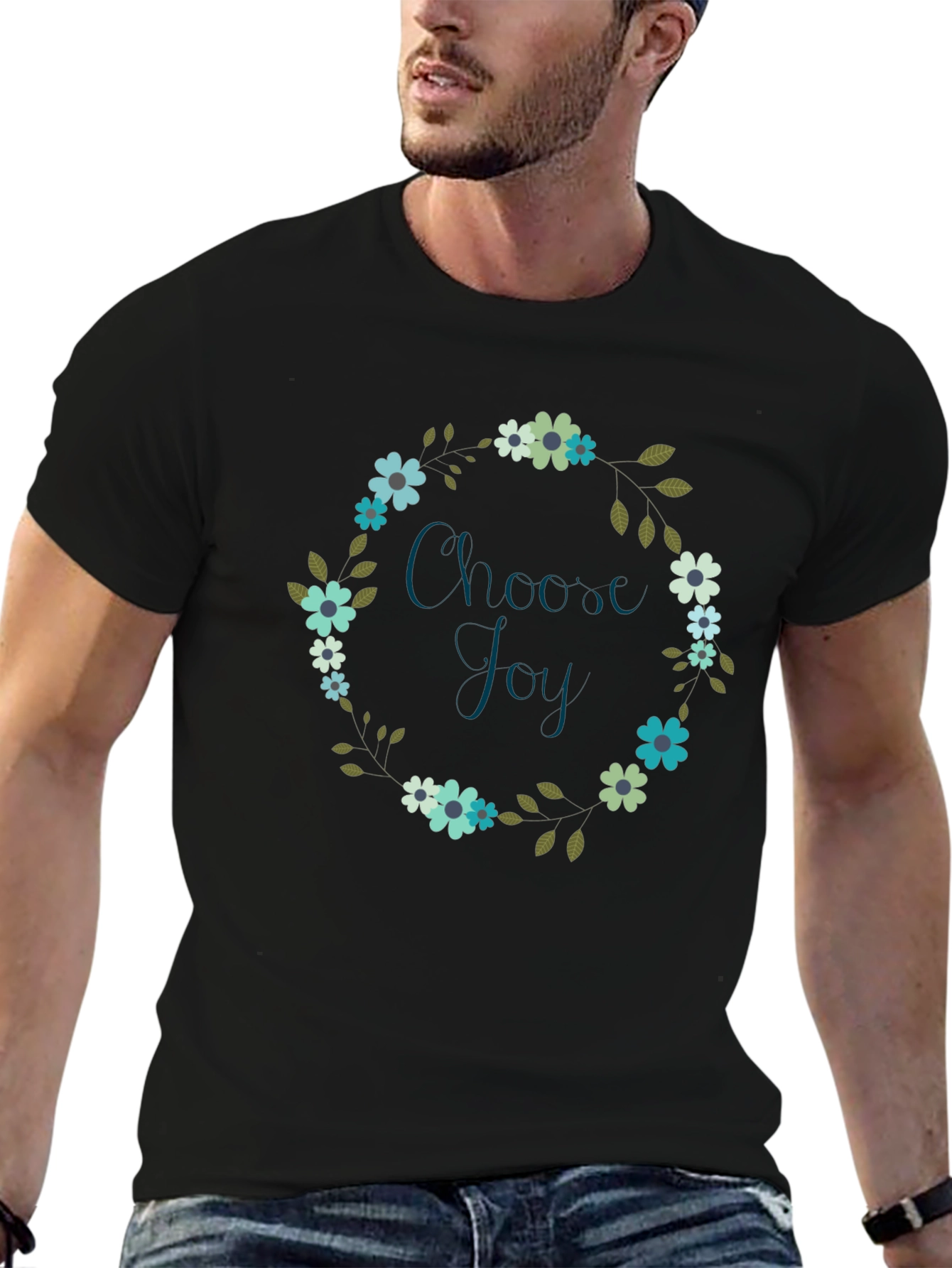 Black Choose Joy Floral Wreath Black T-Shirt view 6