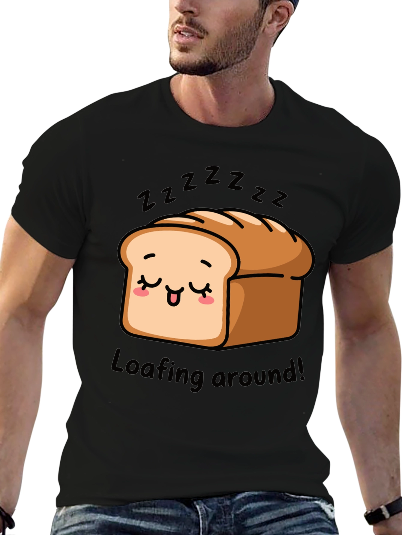 Black Loafing Around Bread Cartoon Black T-Shirt view 6