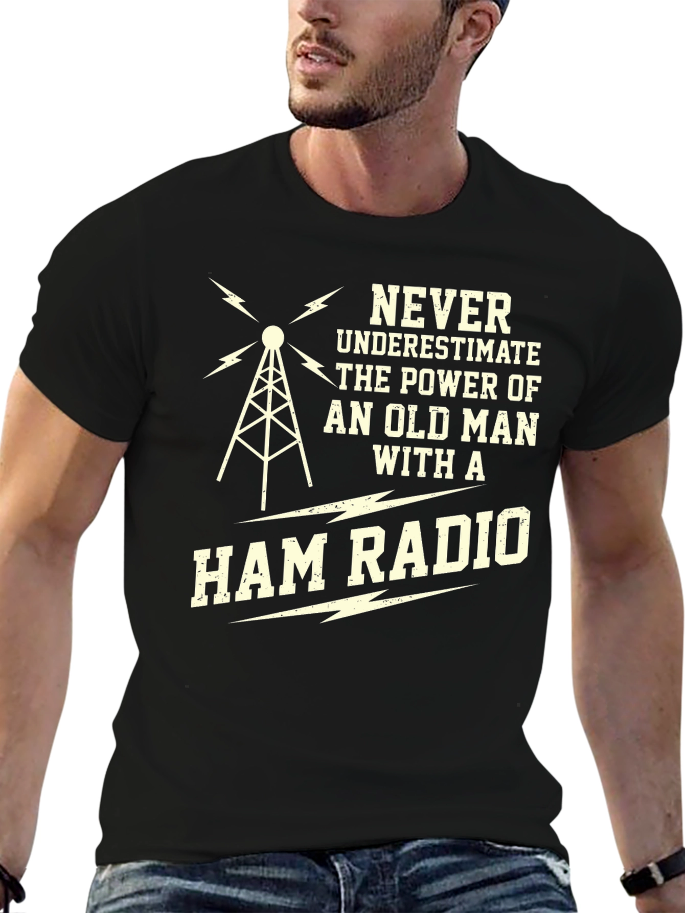 Black Old Man Ham Radio Black T-Shirt view 6