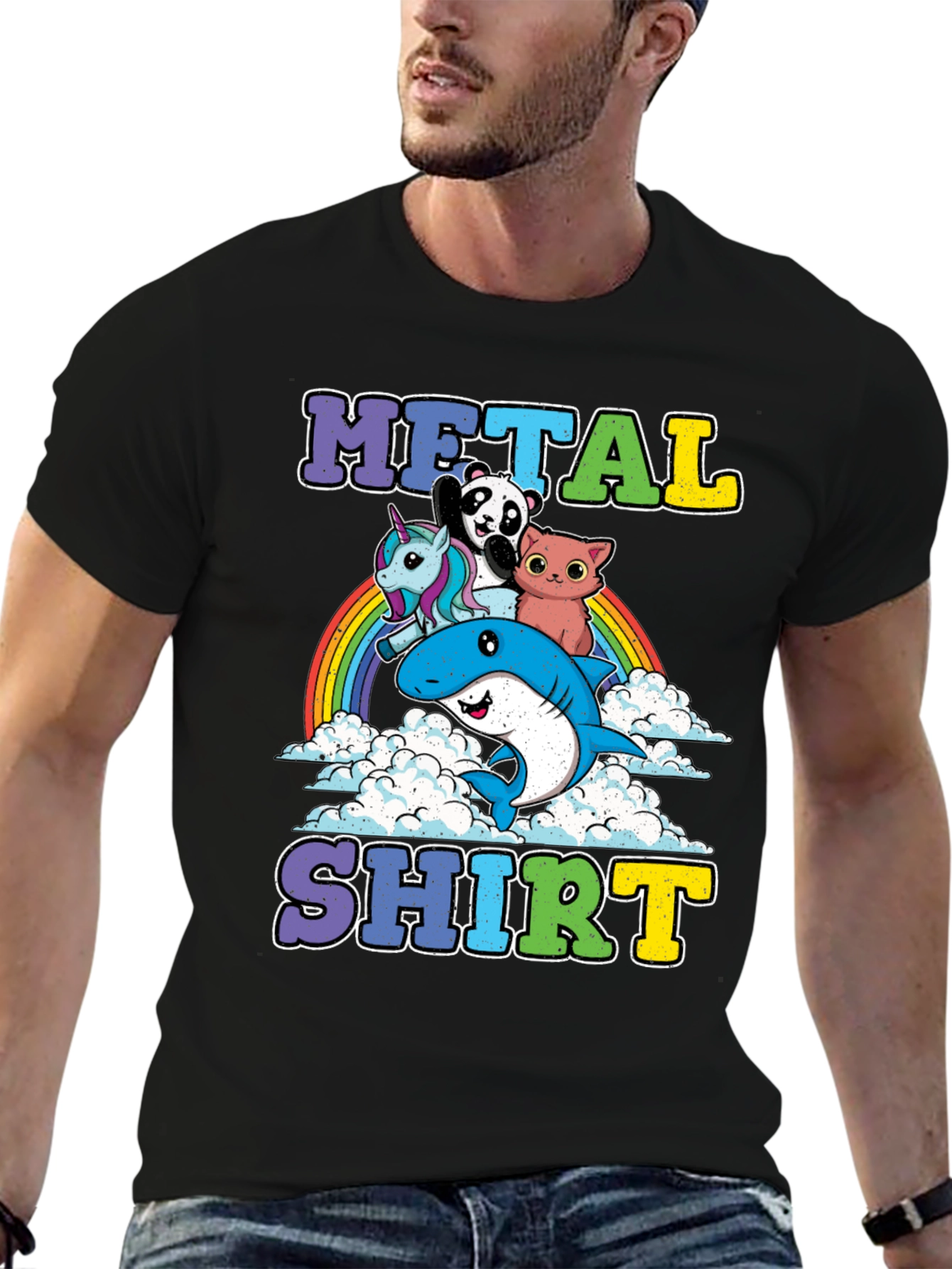 Black Metal Shirt with Cartoon Animals on Rainbow view 6