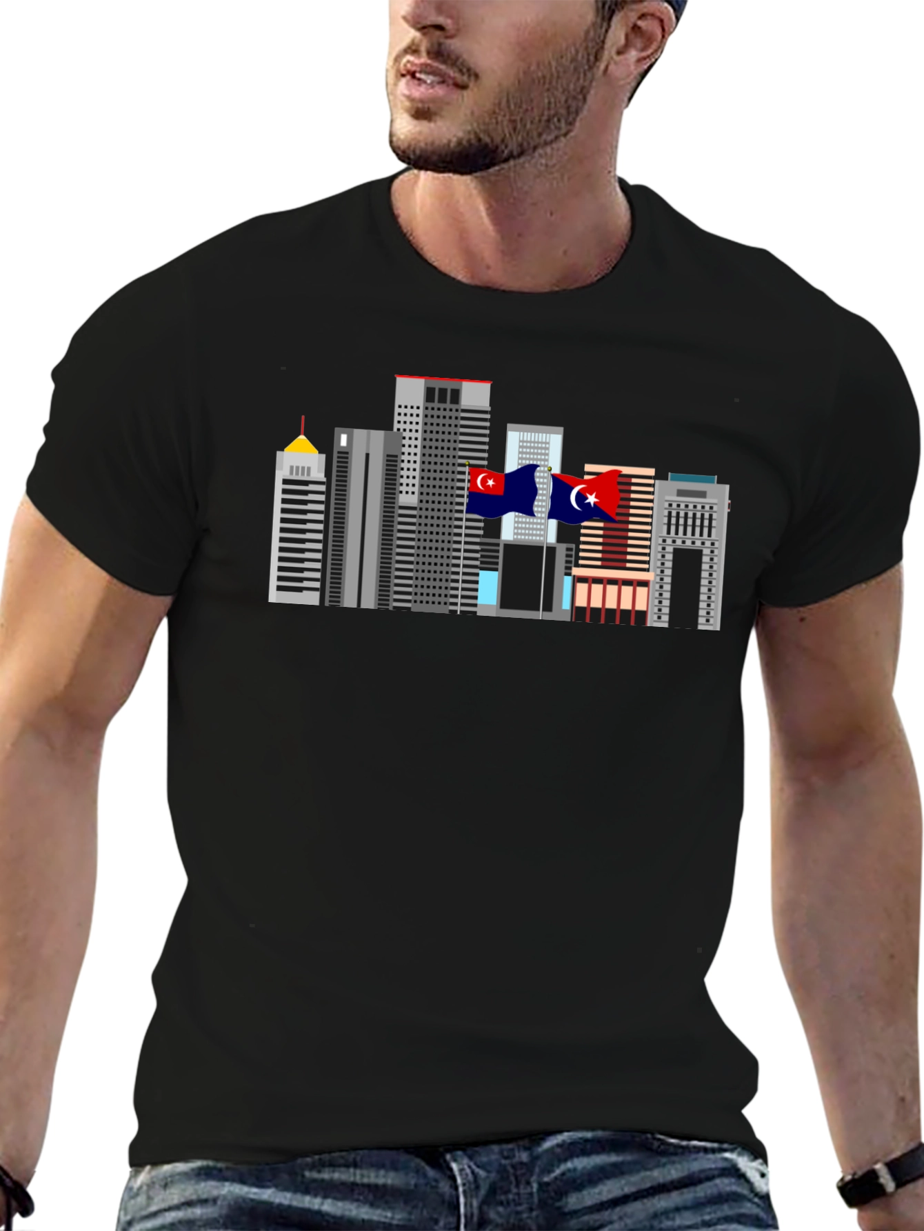Black City Skyline Graphic Tee - Black Cotton T-Shirt view 6