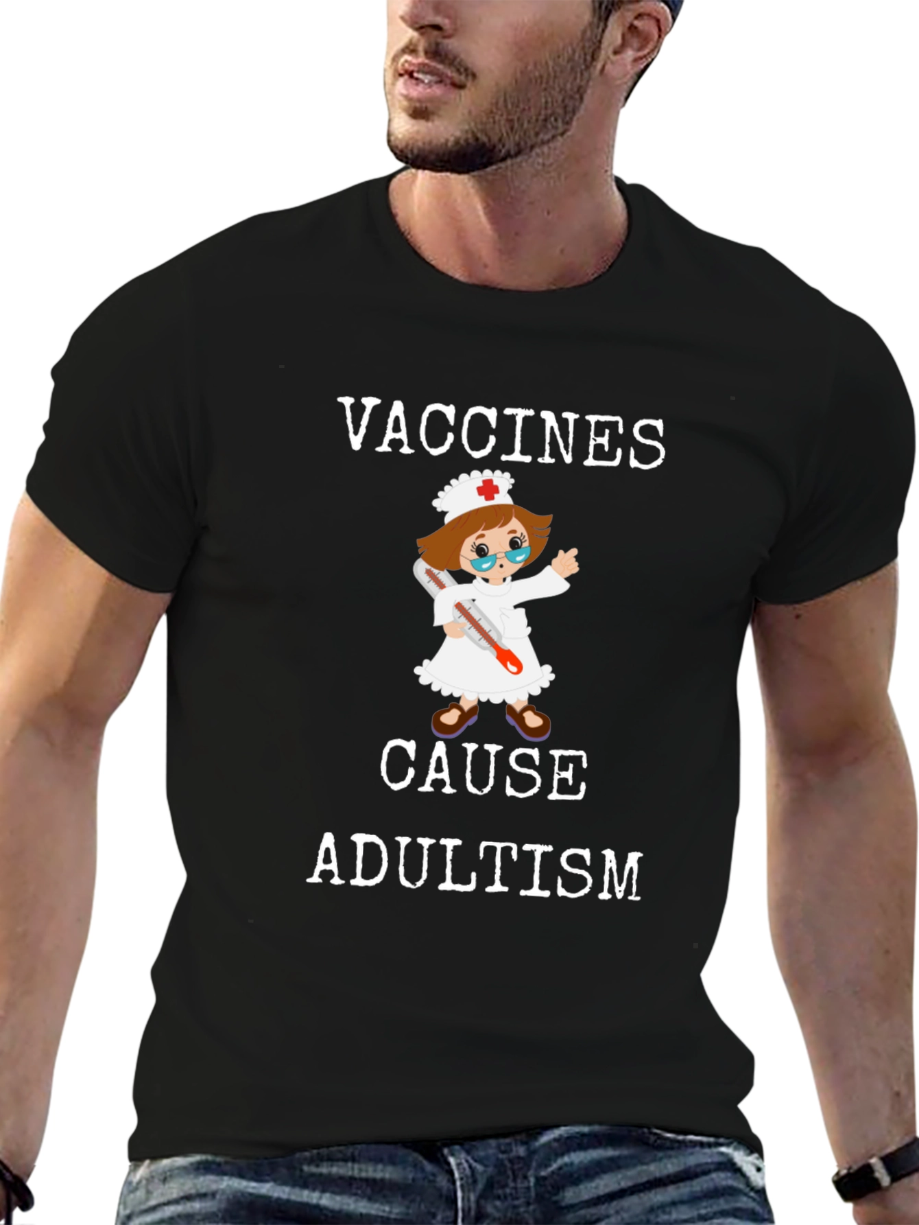 Black Vaccines Cause Adultism Funny T-Shirt view 6