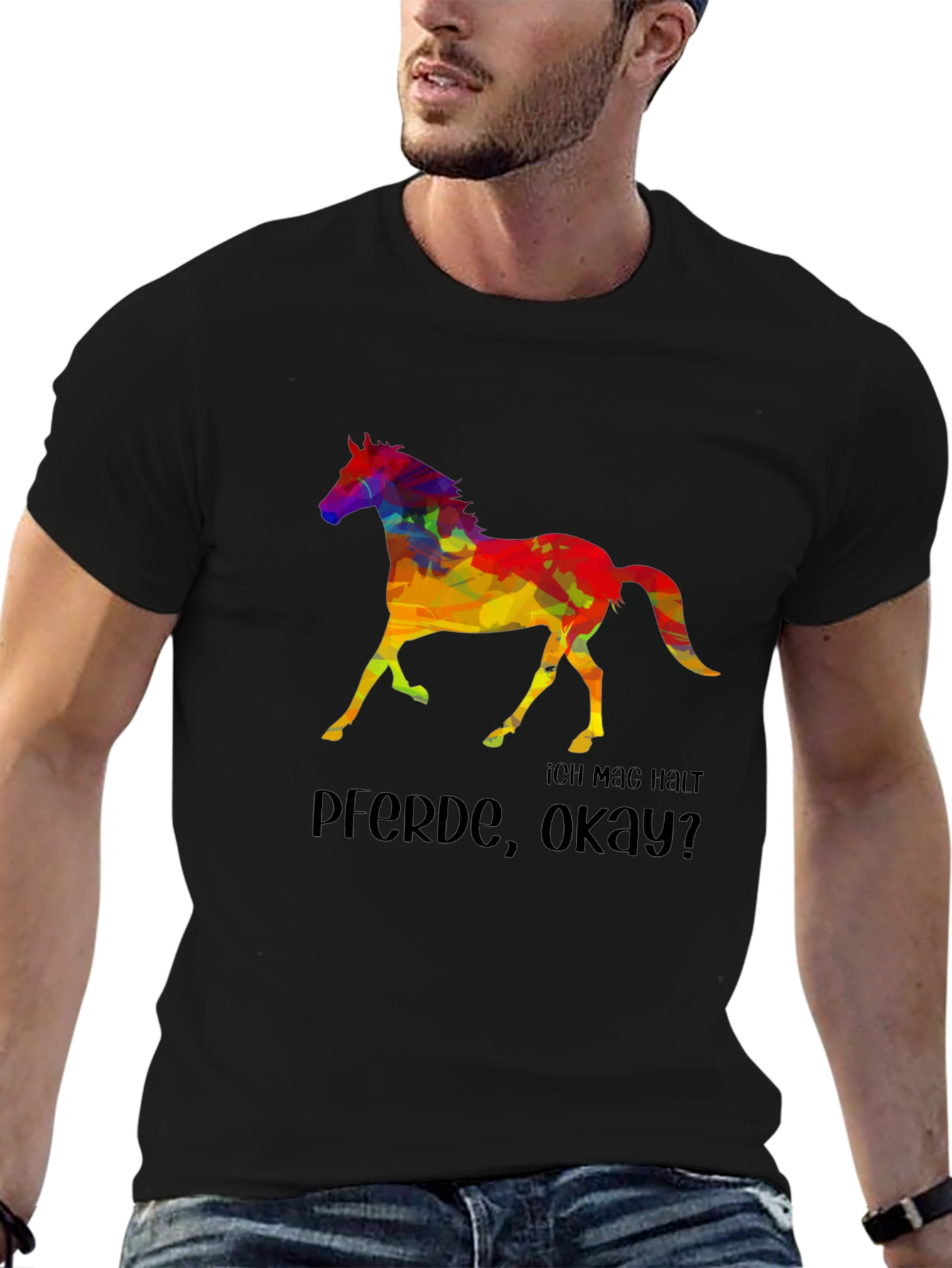 Black Colorful Horse Graphic T-Shirt - "Ich Mag Halt Pferde, Okay?" view 6
