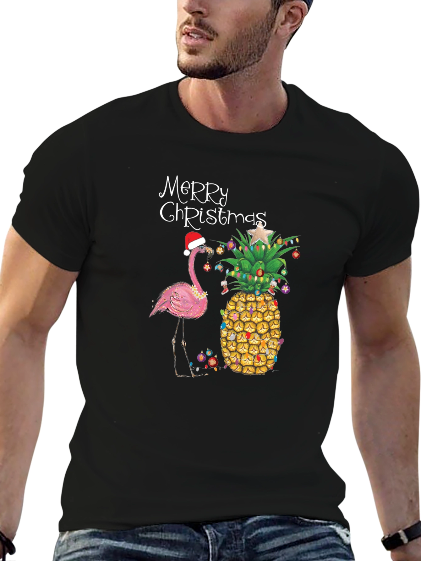 Black Festive Flamingo Pineapple Christmas Tee view 6