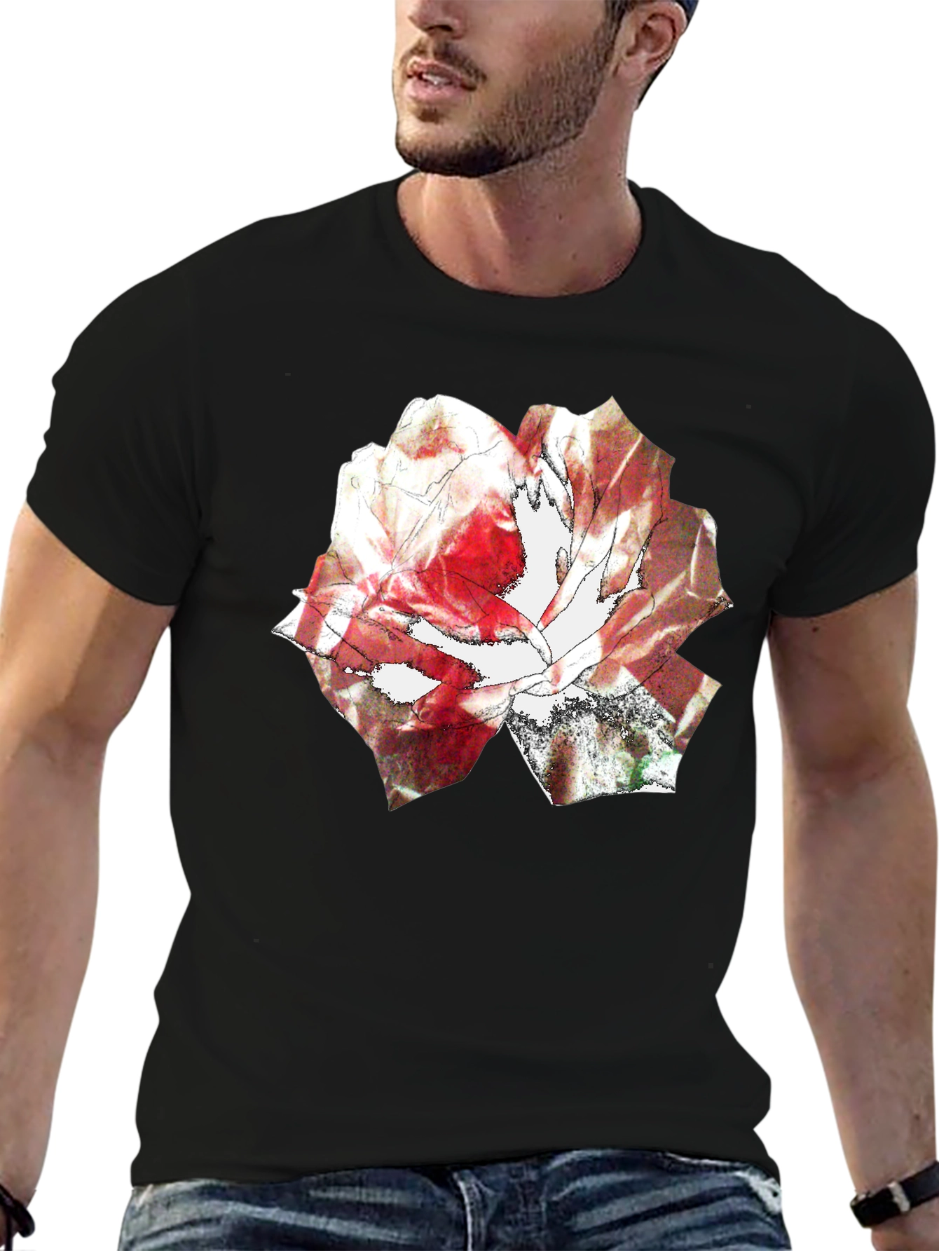 Black Abstract Rose Print Black T-Shirt view 6