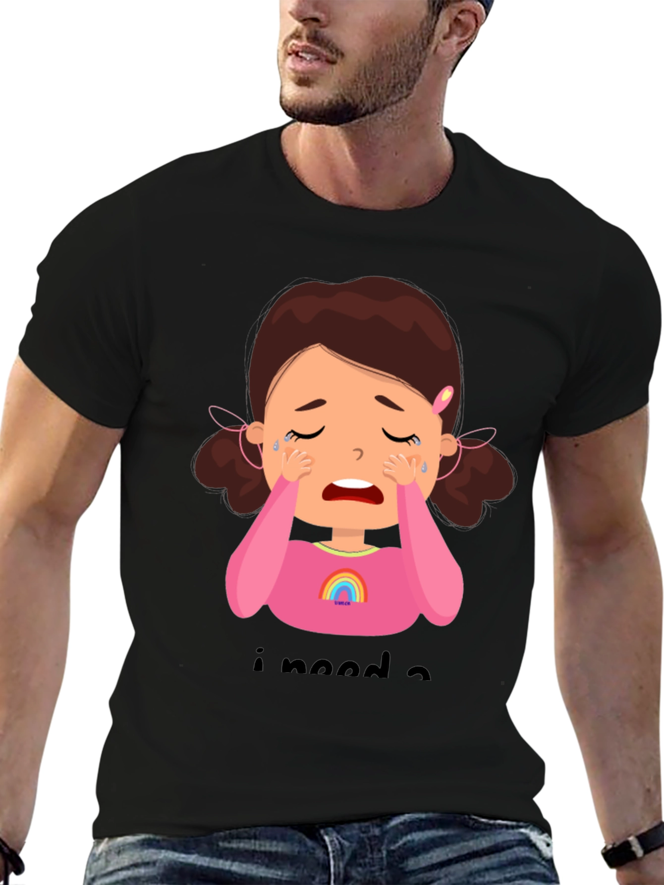 Black Crying Cartoon Girl Graphic Tee - Black Unisex Shirt view 6
