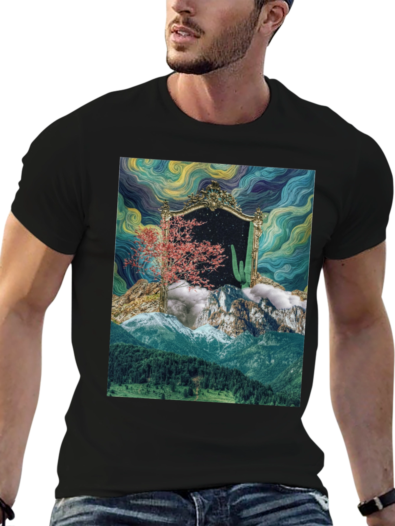 Black Surreal Landscape Mirror Graphic T-Shirt view 6