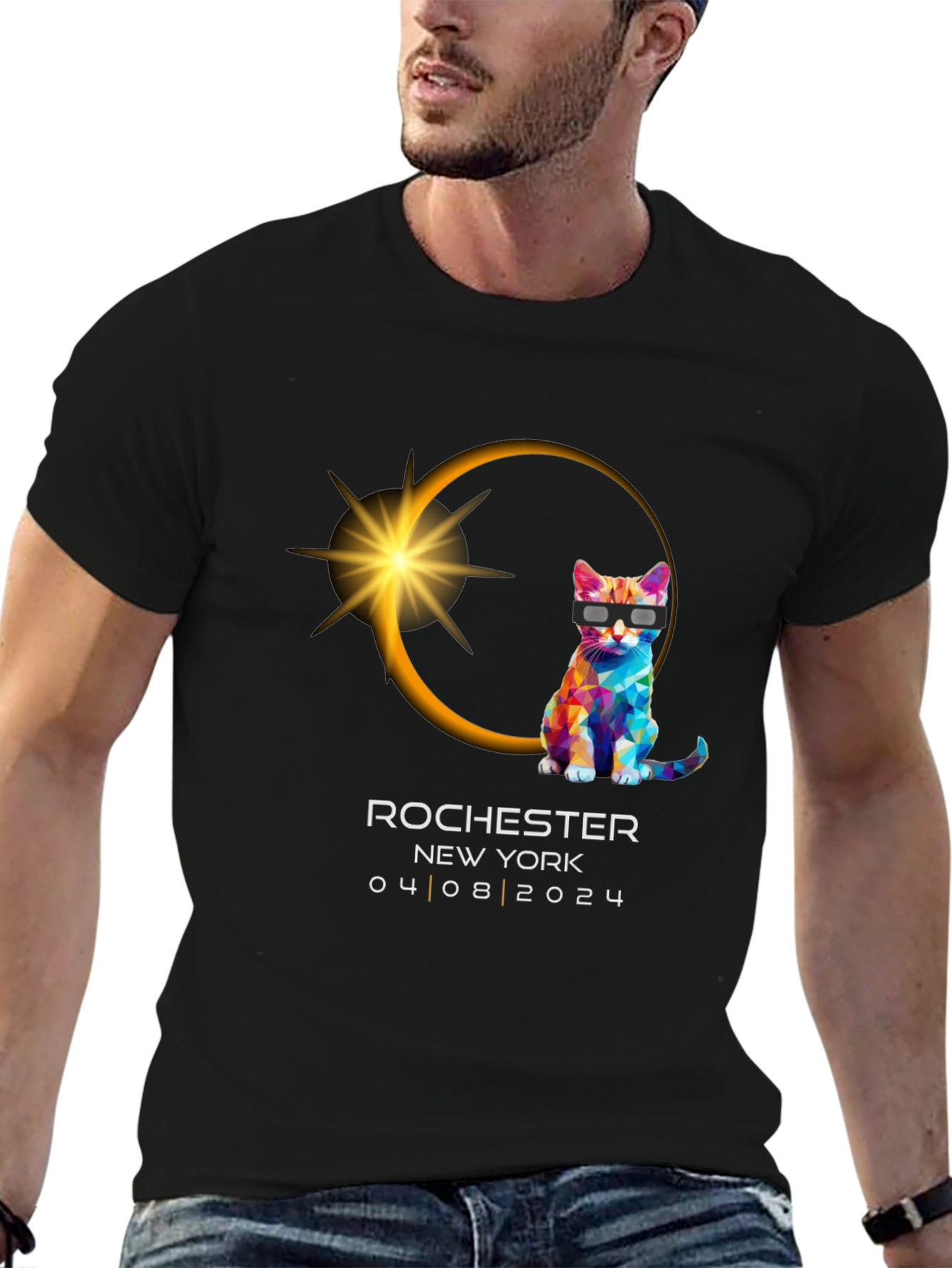 Black Rochester NY Eclipse 2024 Cat T-Shirt view 6