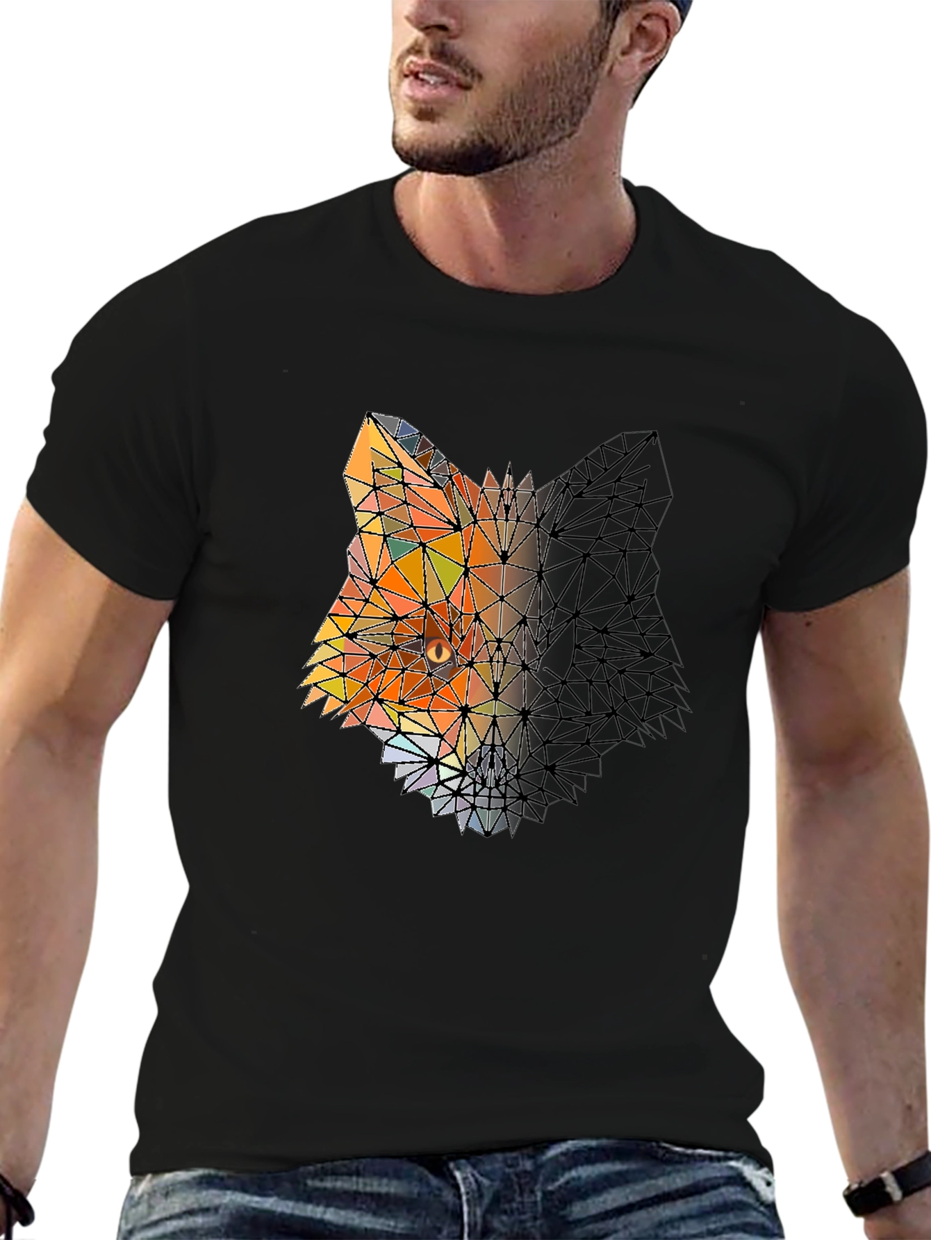 Black Geometric Fox Graphic Black T-Shirt view 6