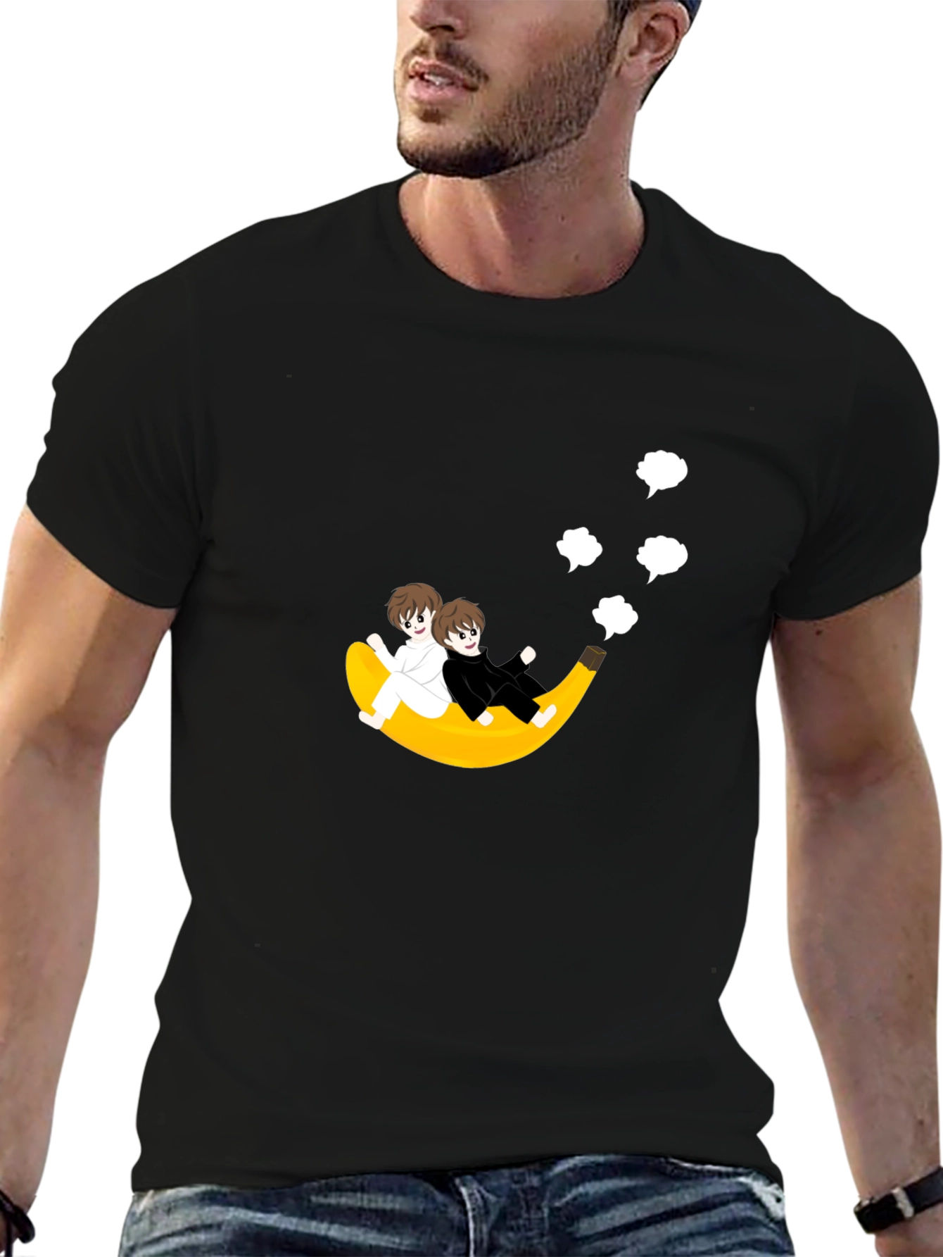 Black Whimsical Banana Ride T-Shirt - Unique Cartoon Design view 6