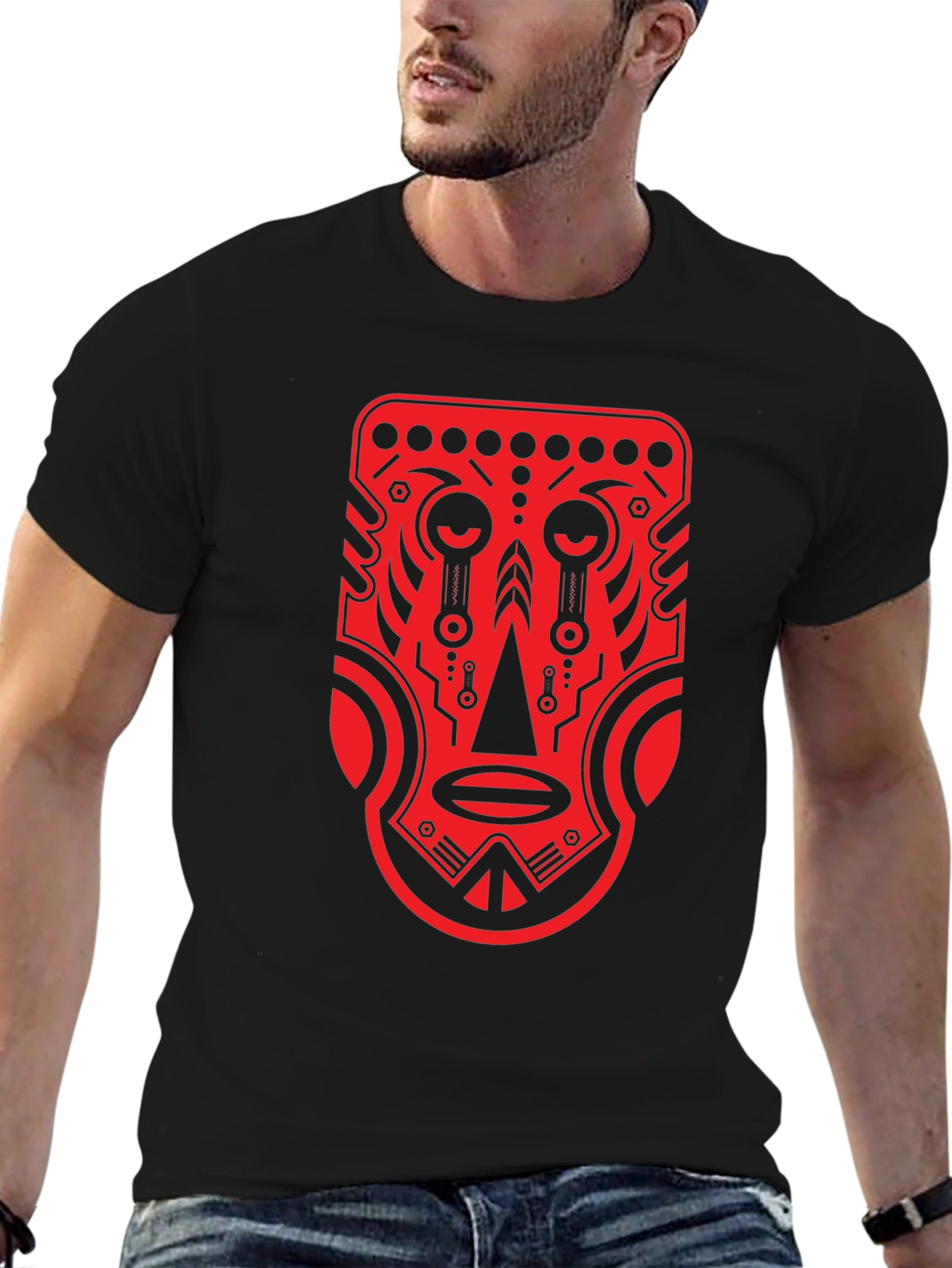 Black Tribal Mask Graphic Tee - Bold Red Design view 6