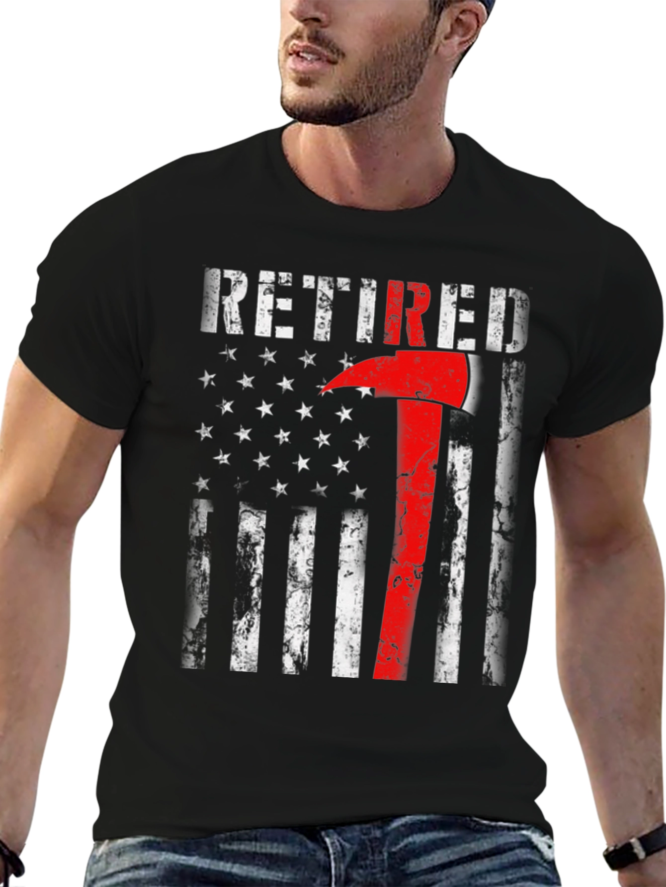 Black Retired Firefighter Axe American Flag T-Shirt view 6