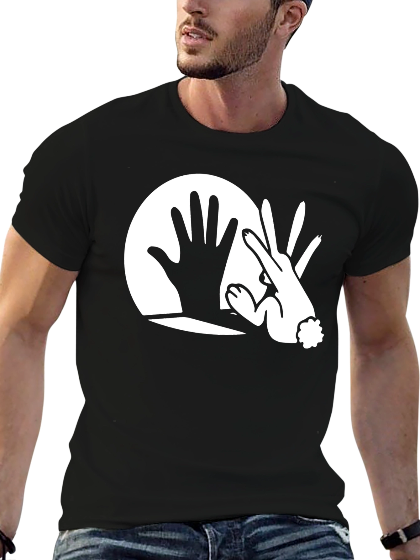 Black Hand Rabbit Shadow Graphic Black T-Shirt view 6